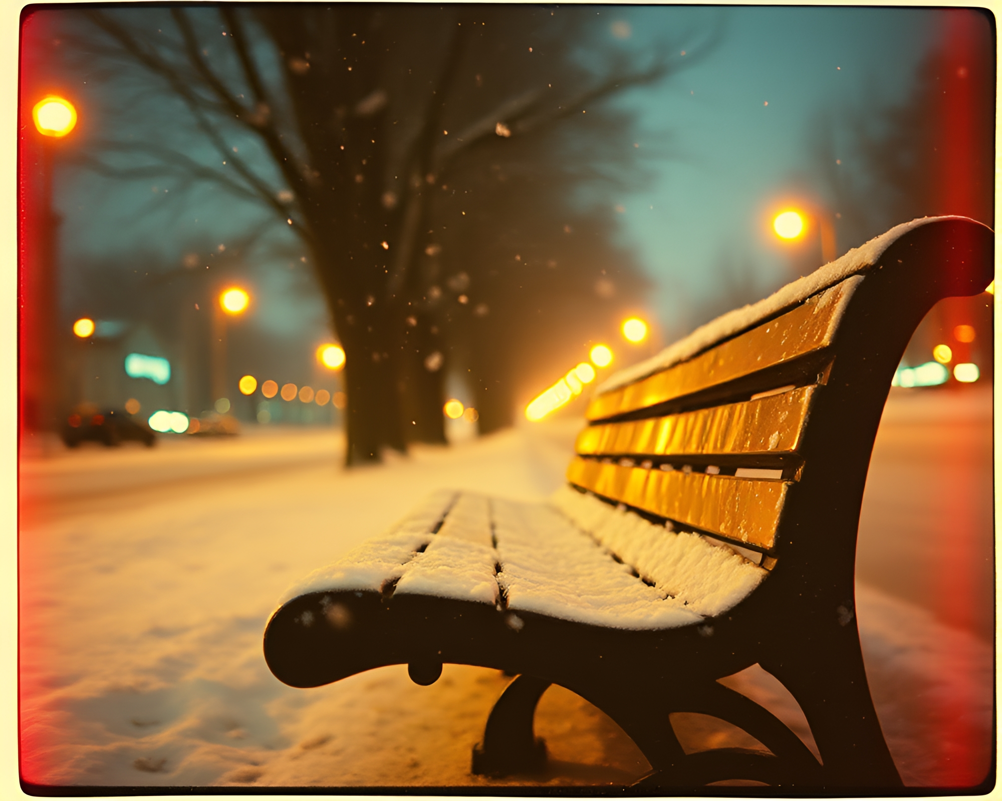 Neon Snowy Chaos on Park Bench with Lens Flare – free AI stock image
