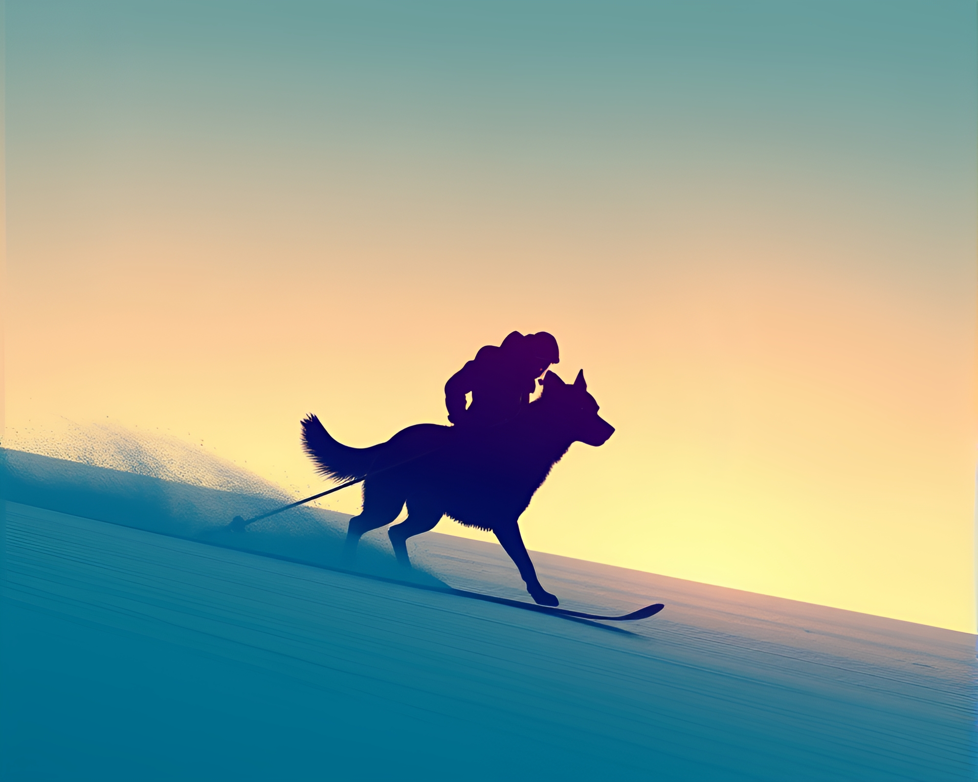 Skiing with Companion: Silhouette Sunset Stroll – free AI stock image