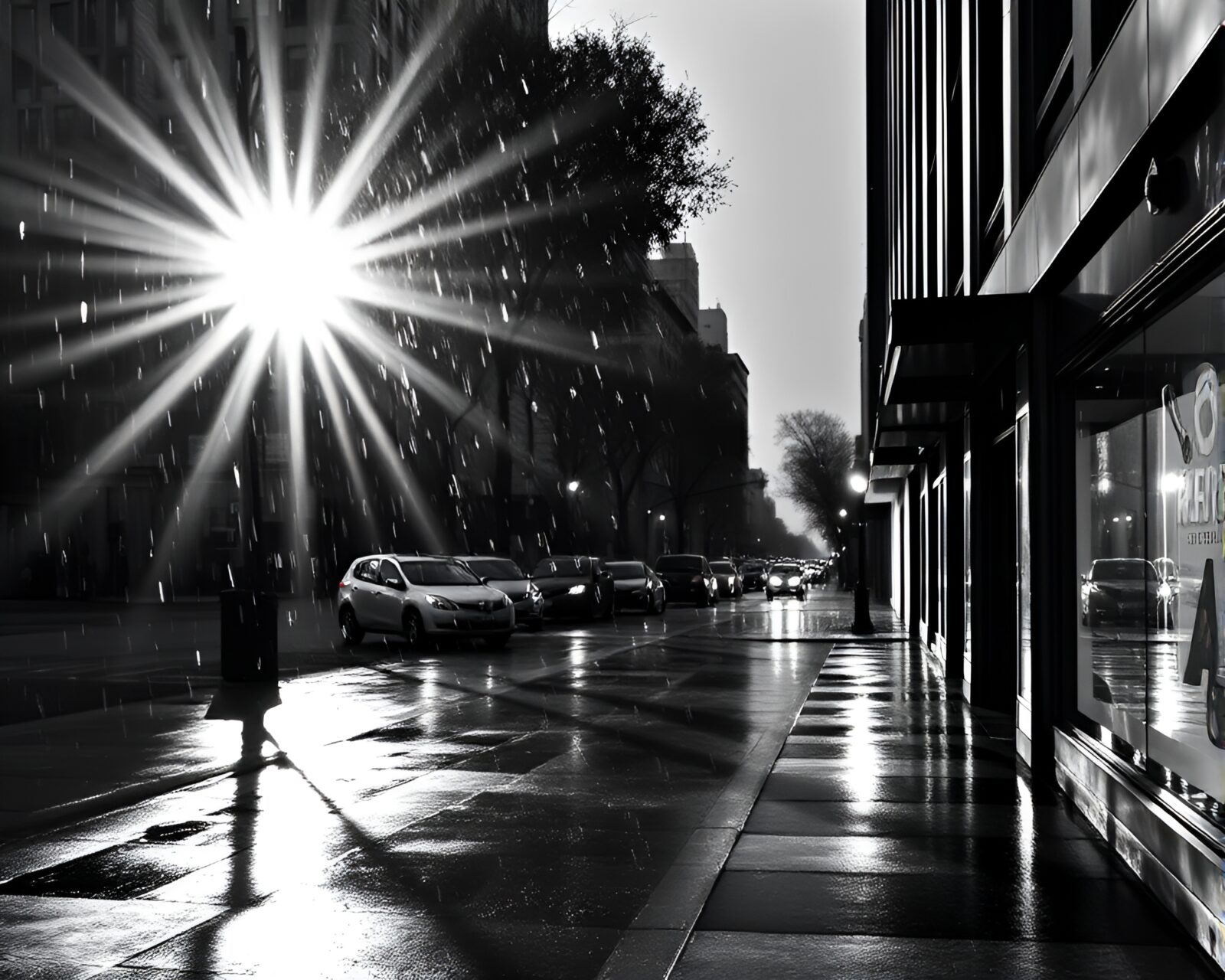 Asymmetrical balanced texture-rich city street scene in black and white