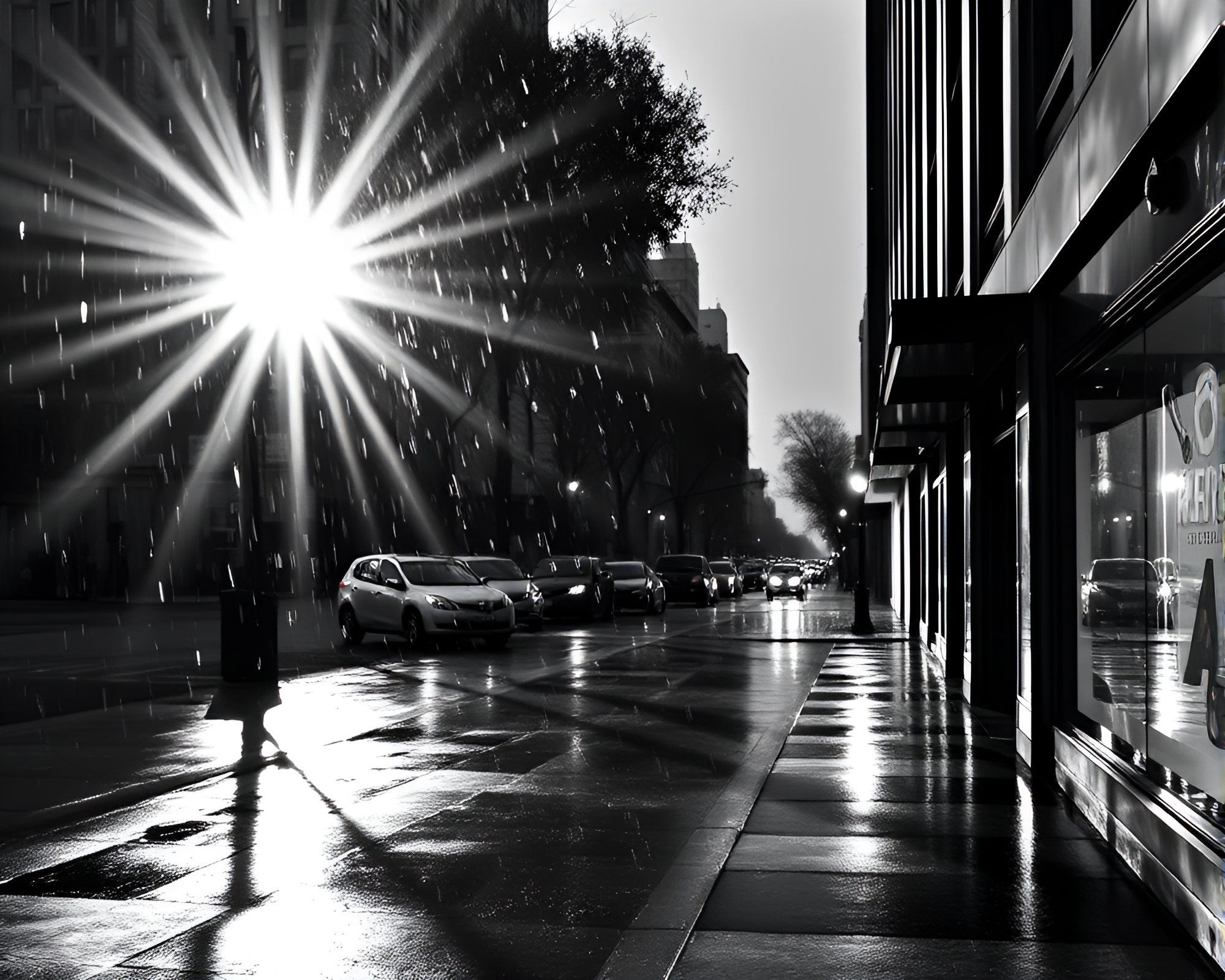 Rainy City Street in Monochrome with Lighting Emphasis – free AI stock image