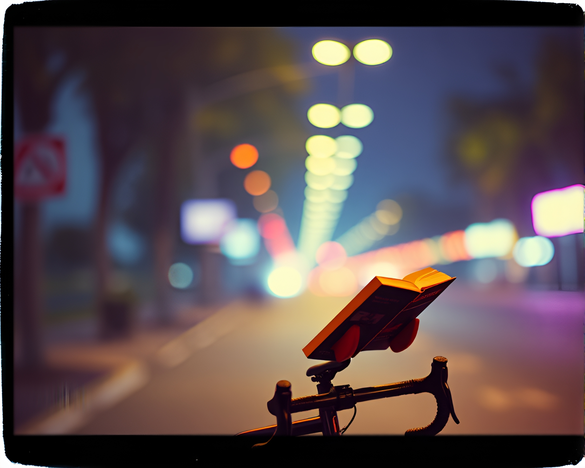 Futuristic Cyclist Reading in Neon Polaroid – free AI stock image