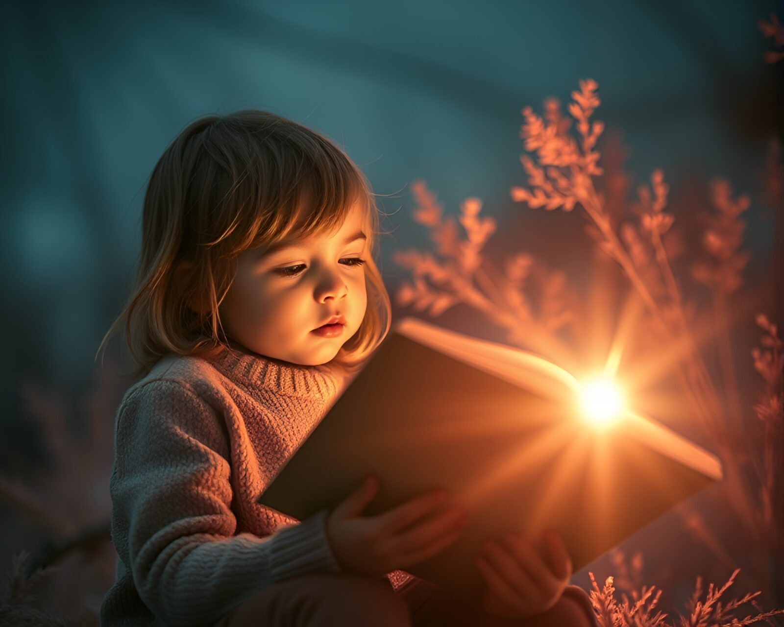 A child reading a book in eerie infrared storm