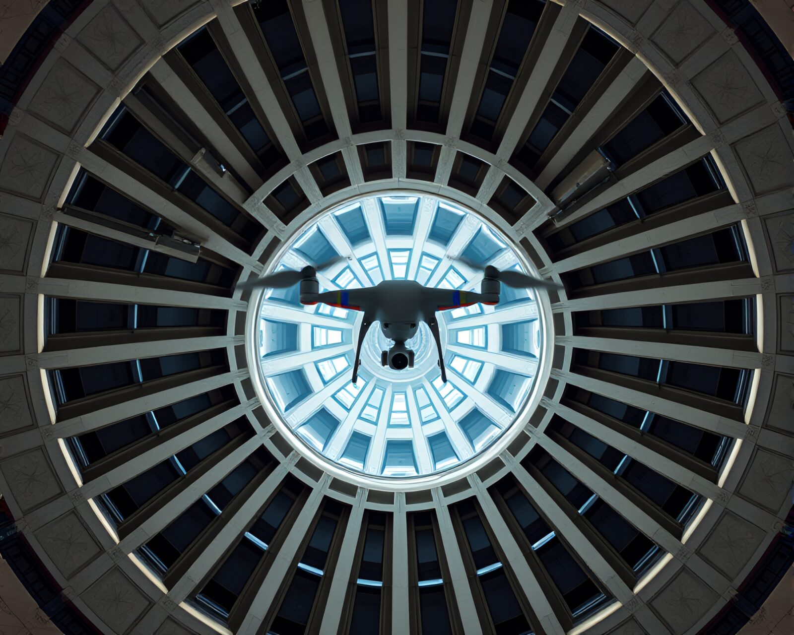 Silhouette of person flying a drone over city skyline