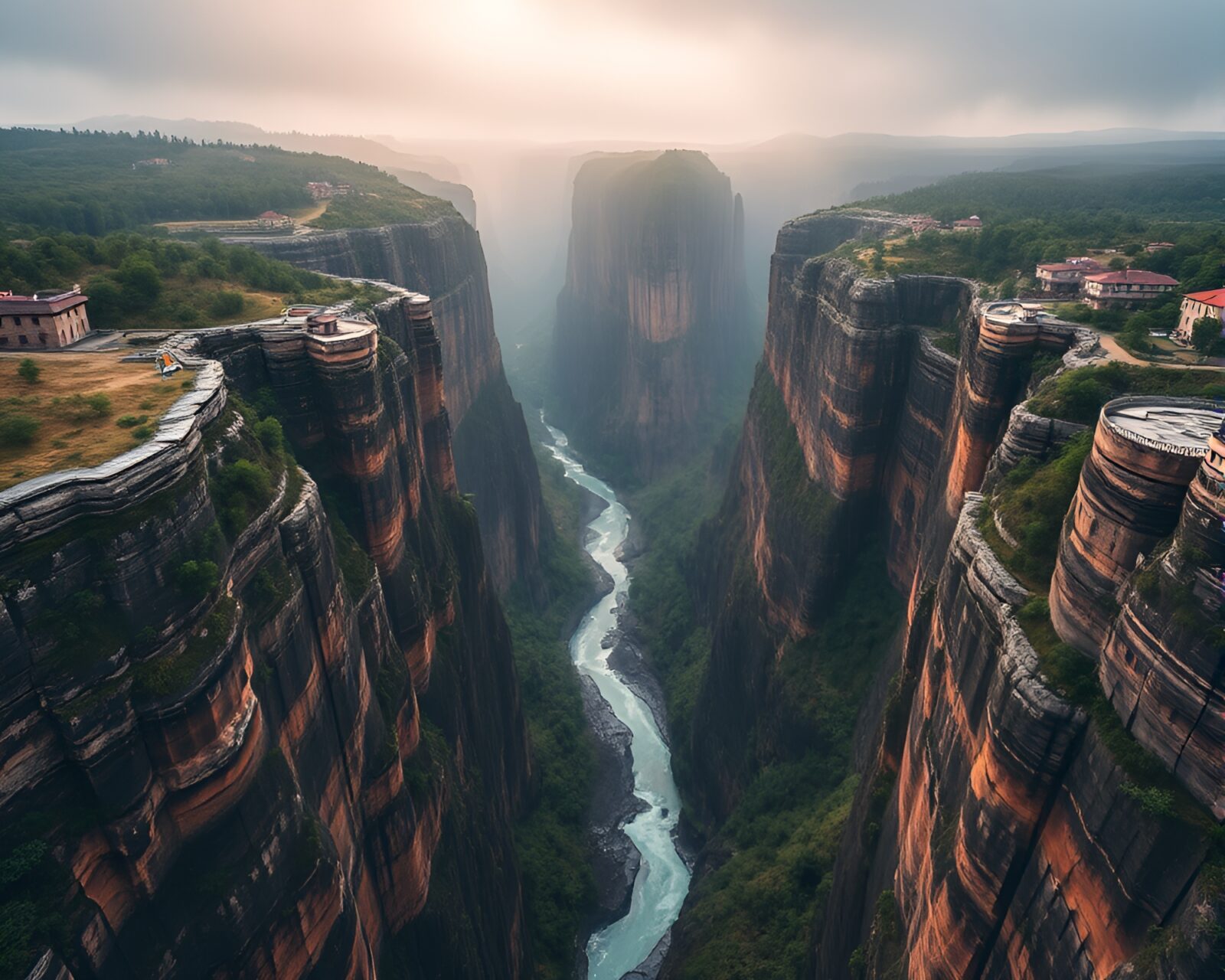 Aerial photography of a rainy canyon with focused layers