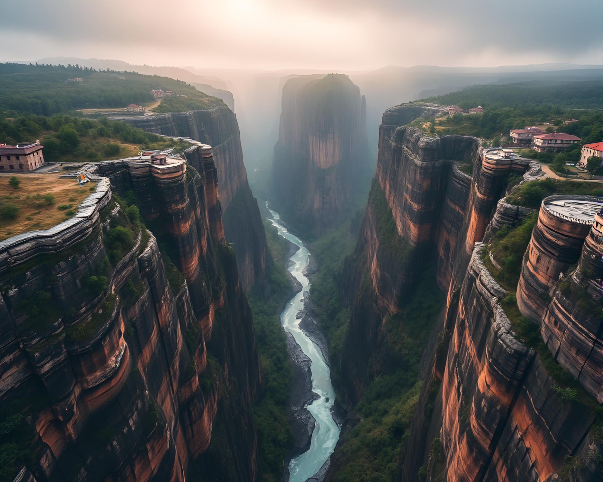 Rainy Canyon Aerial Splendor: Telephoto Vista – free AI stock image