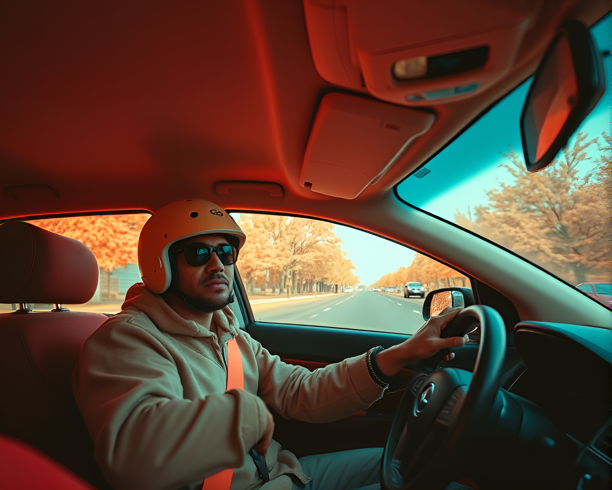 Calm Commuter Driving Through Infrared Maximalist City – free AI stock image