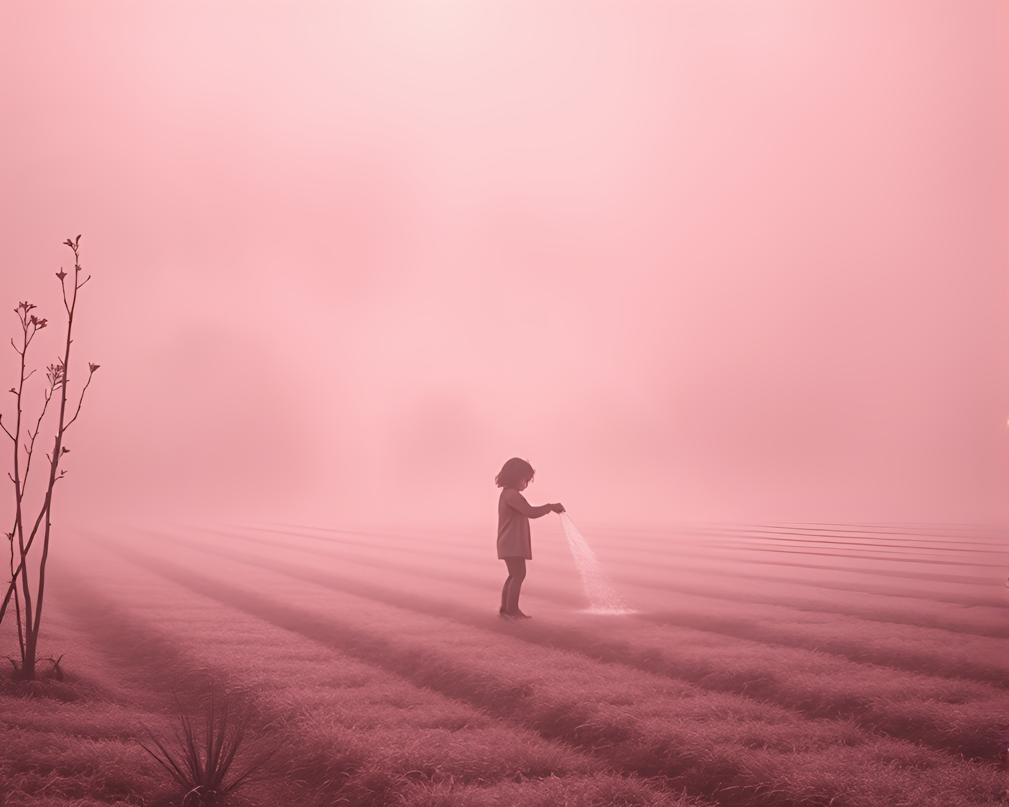 Child Watering Plants in Dreamy Infrared Silhouette – free AI stock image