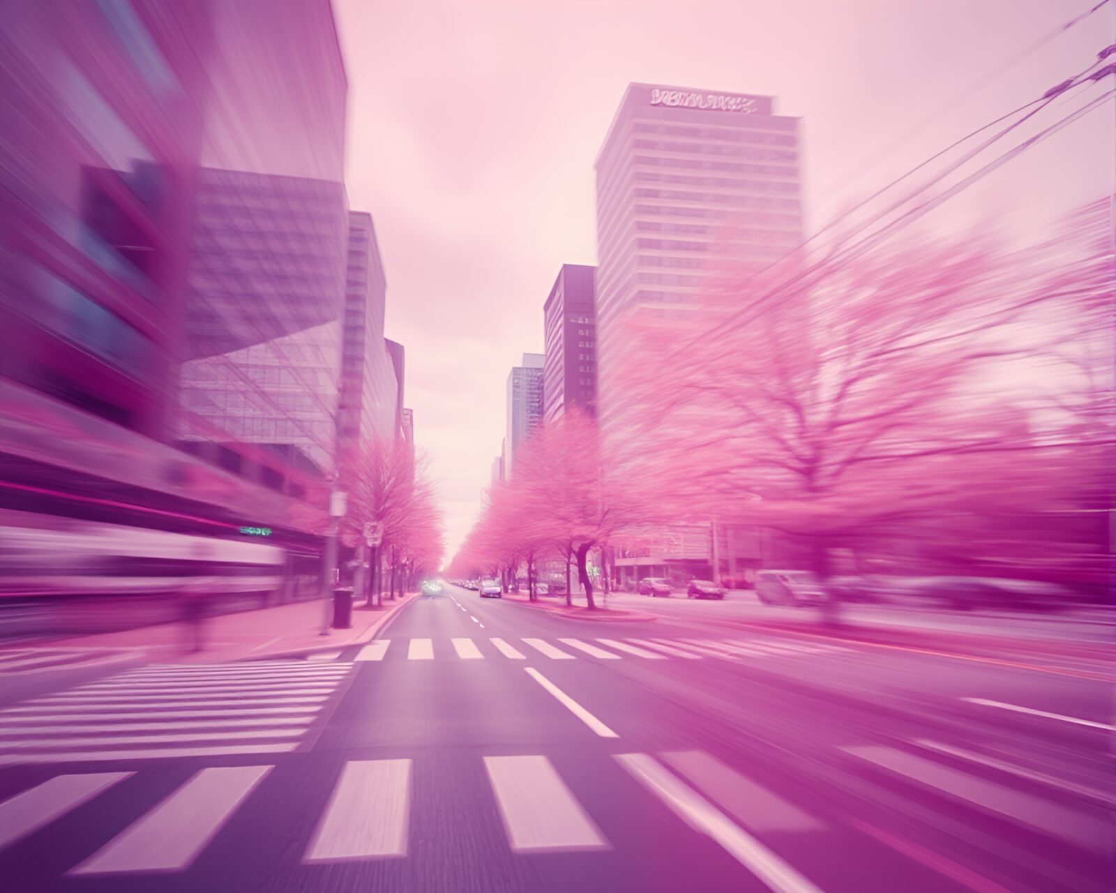 Surreal street scene with layers of pastel tones