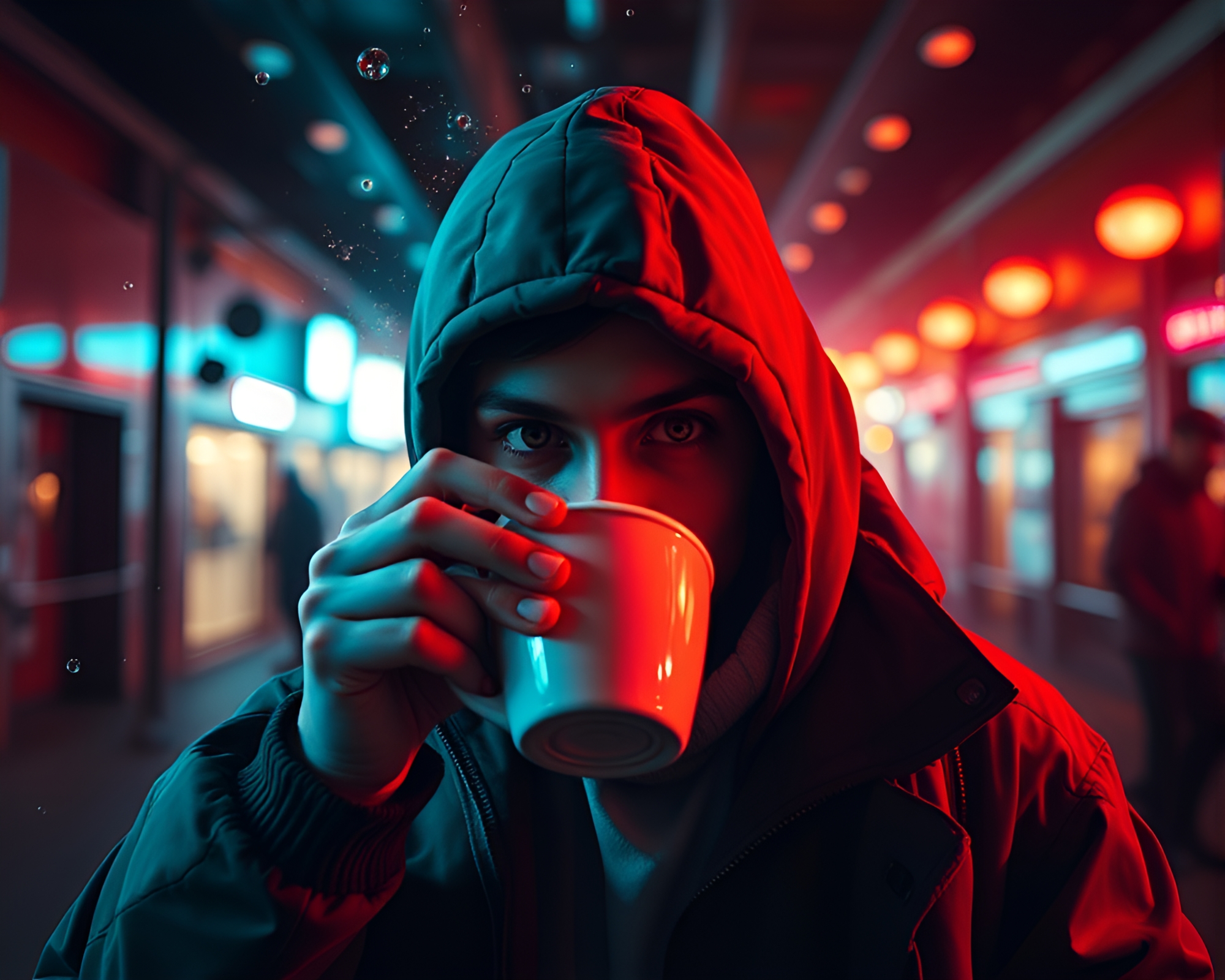 Futuristic Photographer’s Coffee Break with Dramatic Lighting – free AI stock image