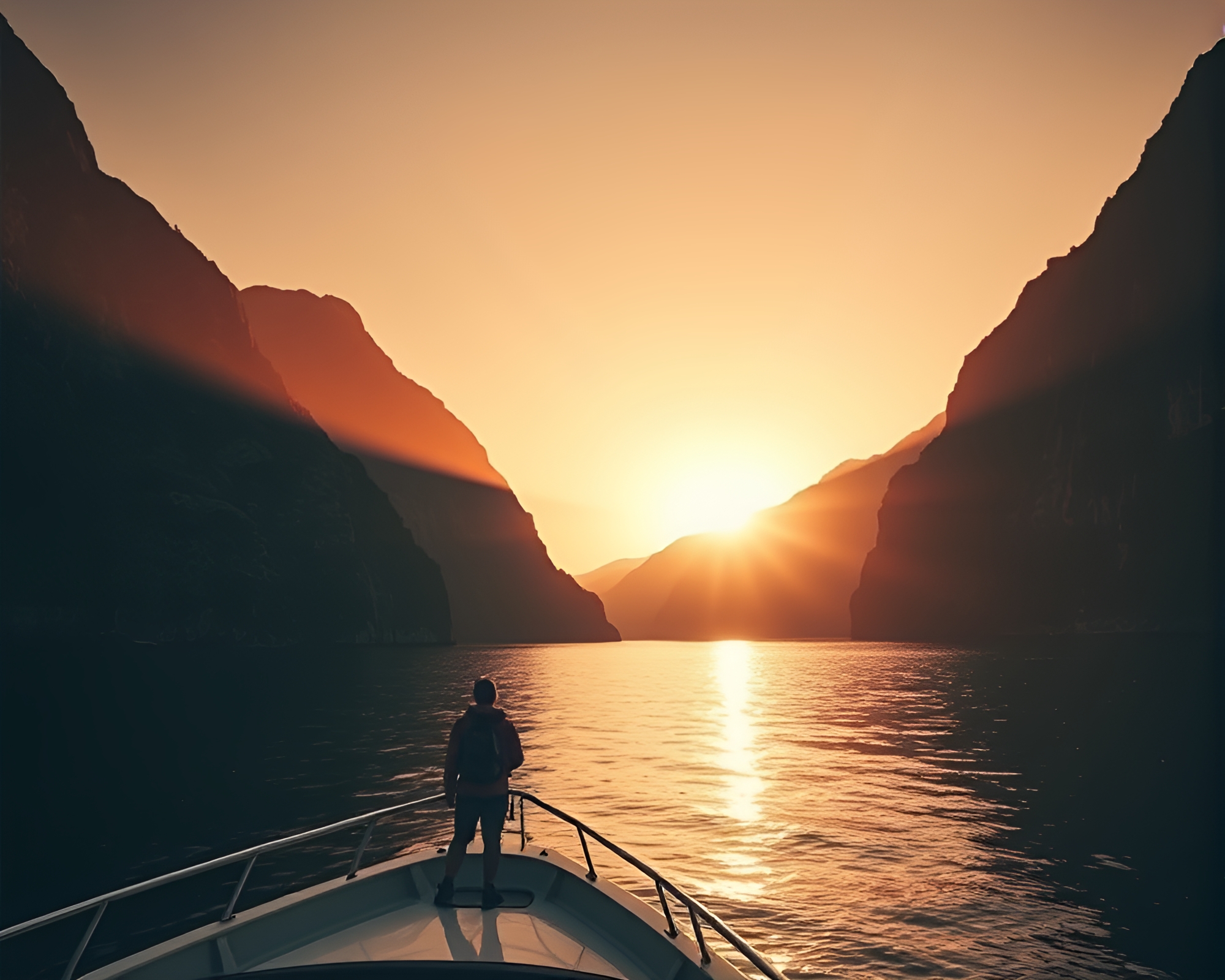 Hiker Sailing Boat At Sunset With Warm Sepia Glow – free AI stock image