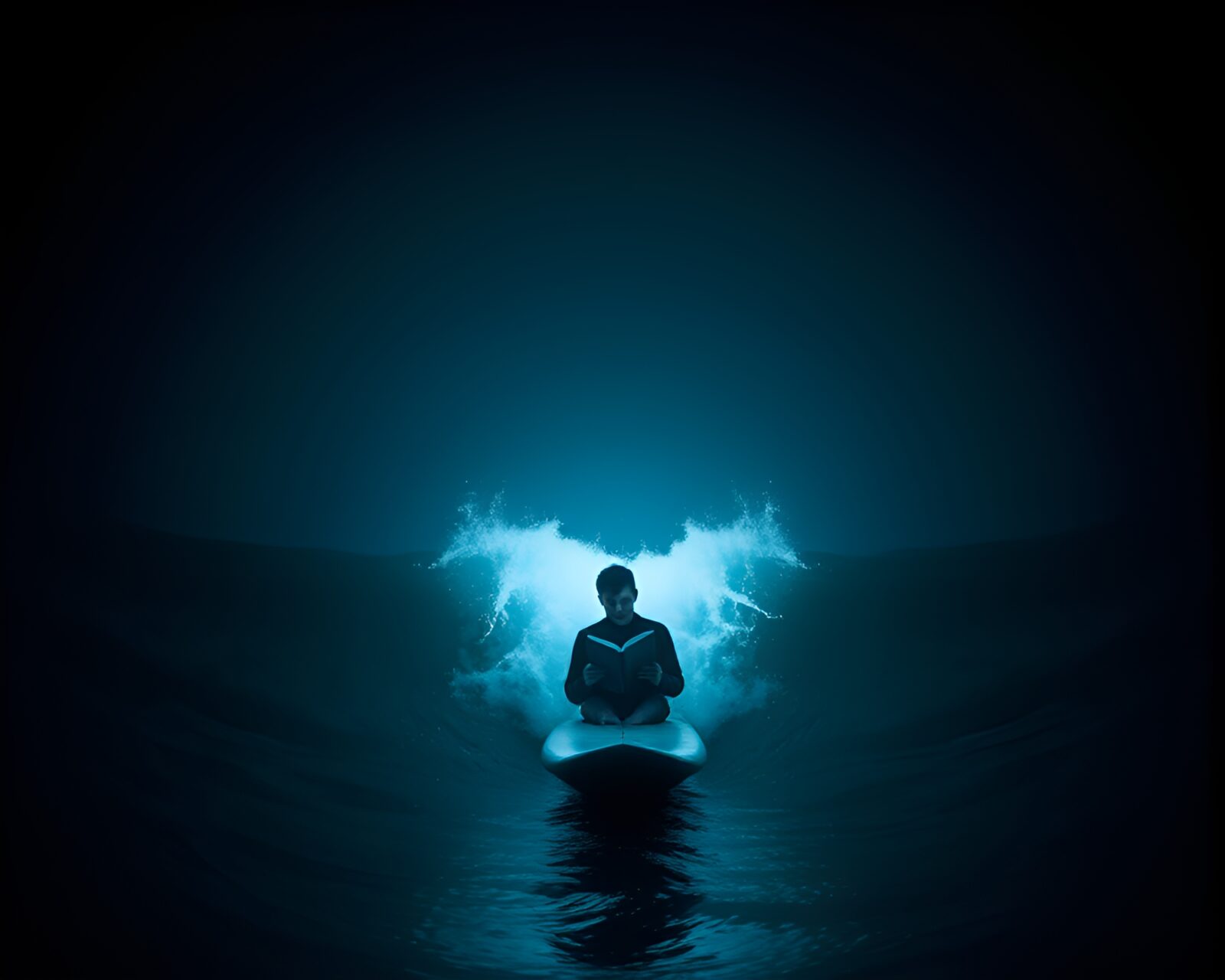 A symmetrical composition of a surfer reading a book