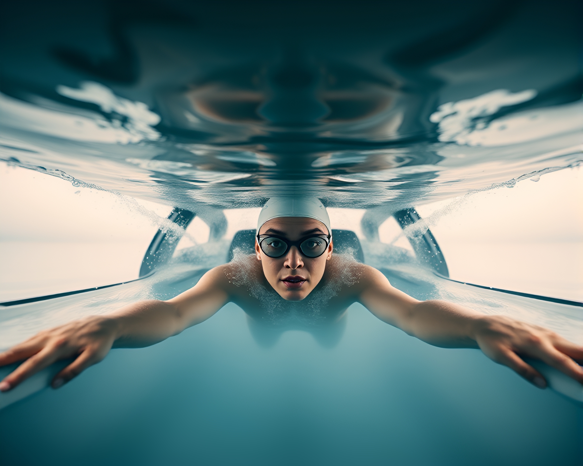 Symmetrical Balance: Swimmer in Car Mirage – free AI stock image