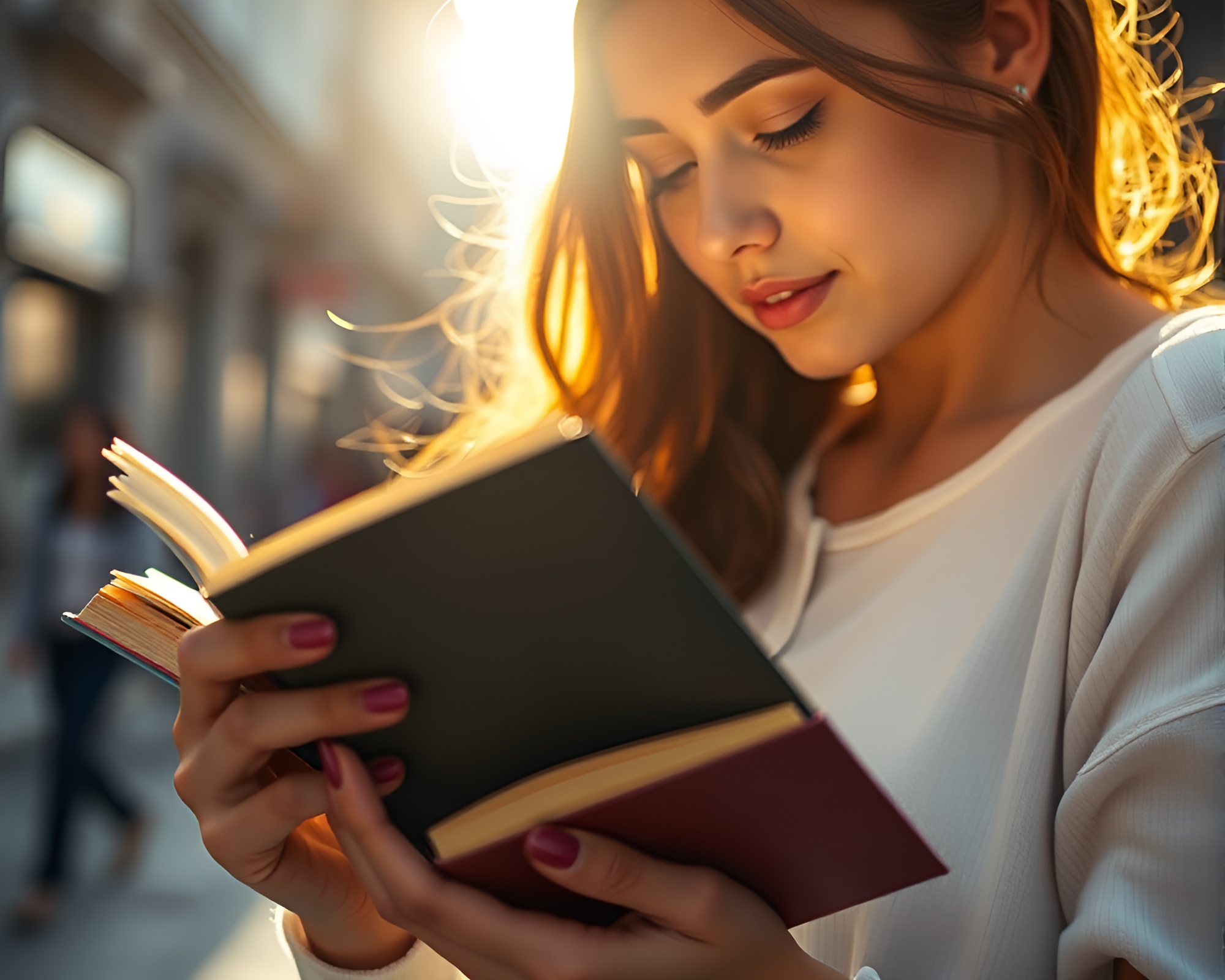 Golden Ratio Portrait: Woman Reading in Streetlight Glow – free AI stock image
