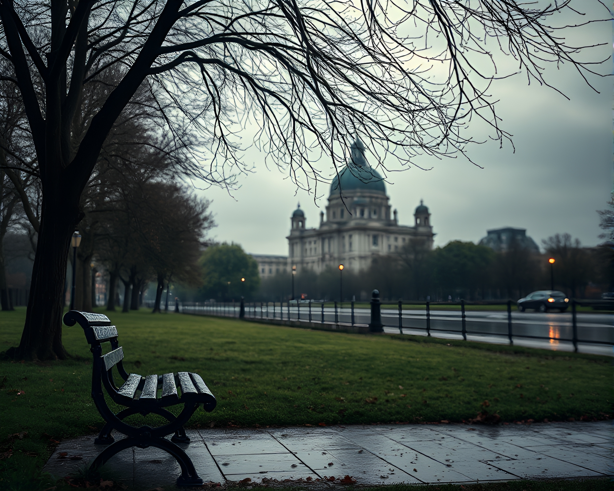 Stormy Park Bench Architectural Silhouette – free AI stock image