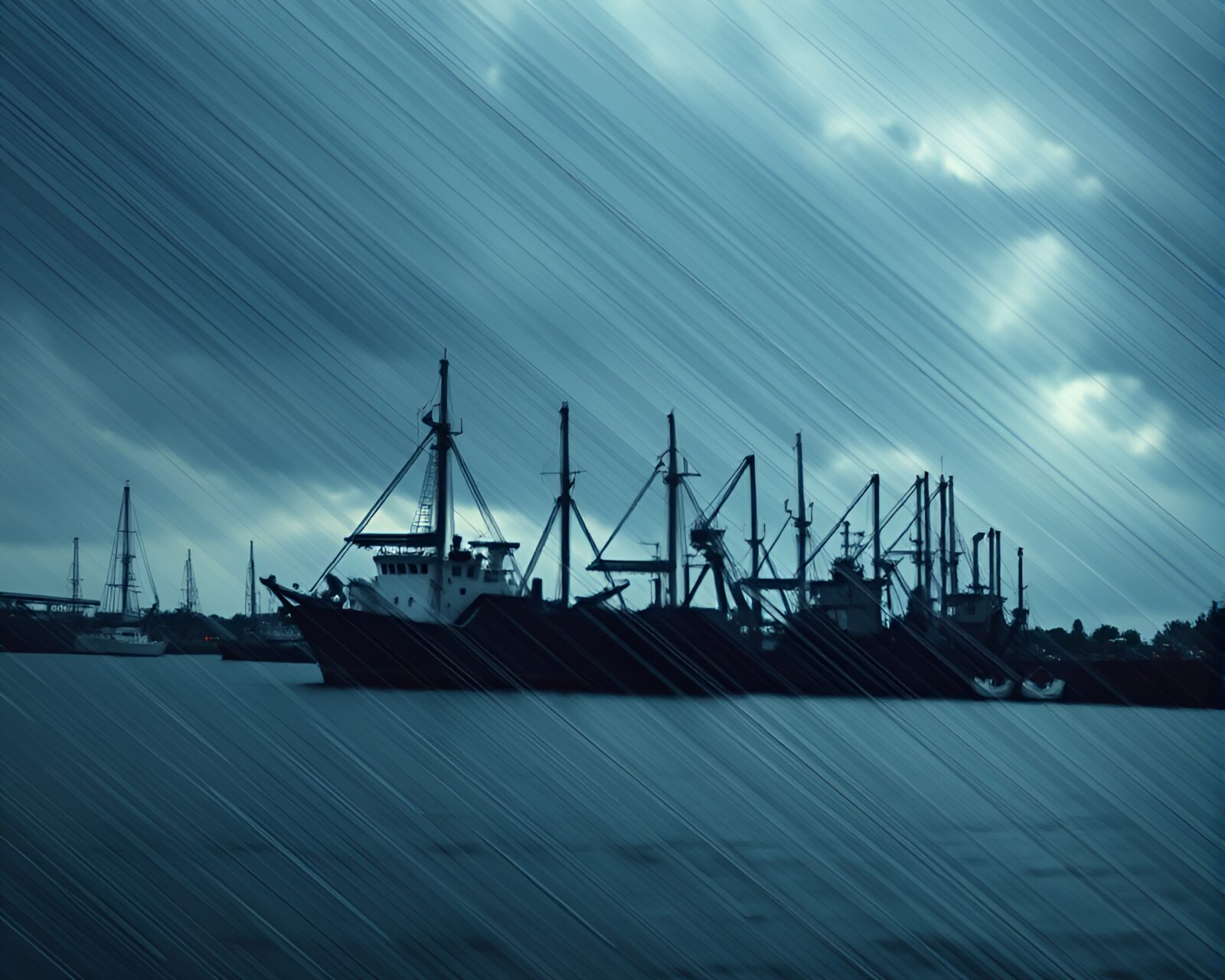 Dramatic overcast harbor scene with diagonal lines and silhouette