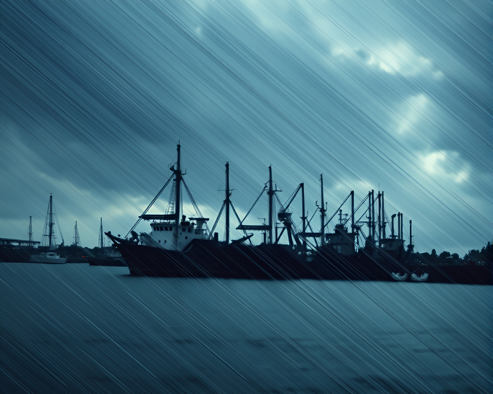 Energetic Storm over Diagonal Harbor Silhouette – free AI stock image