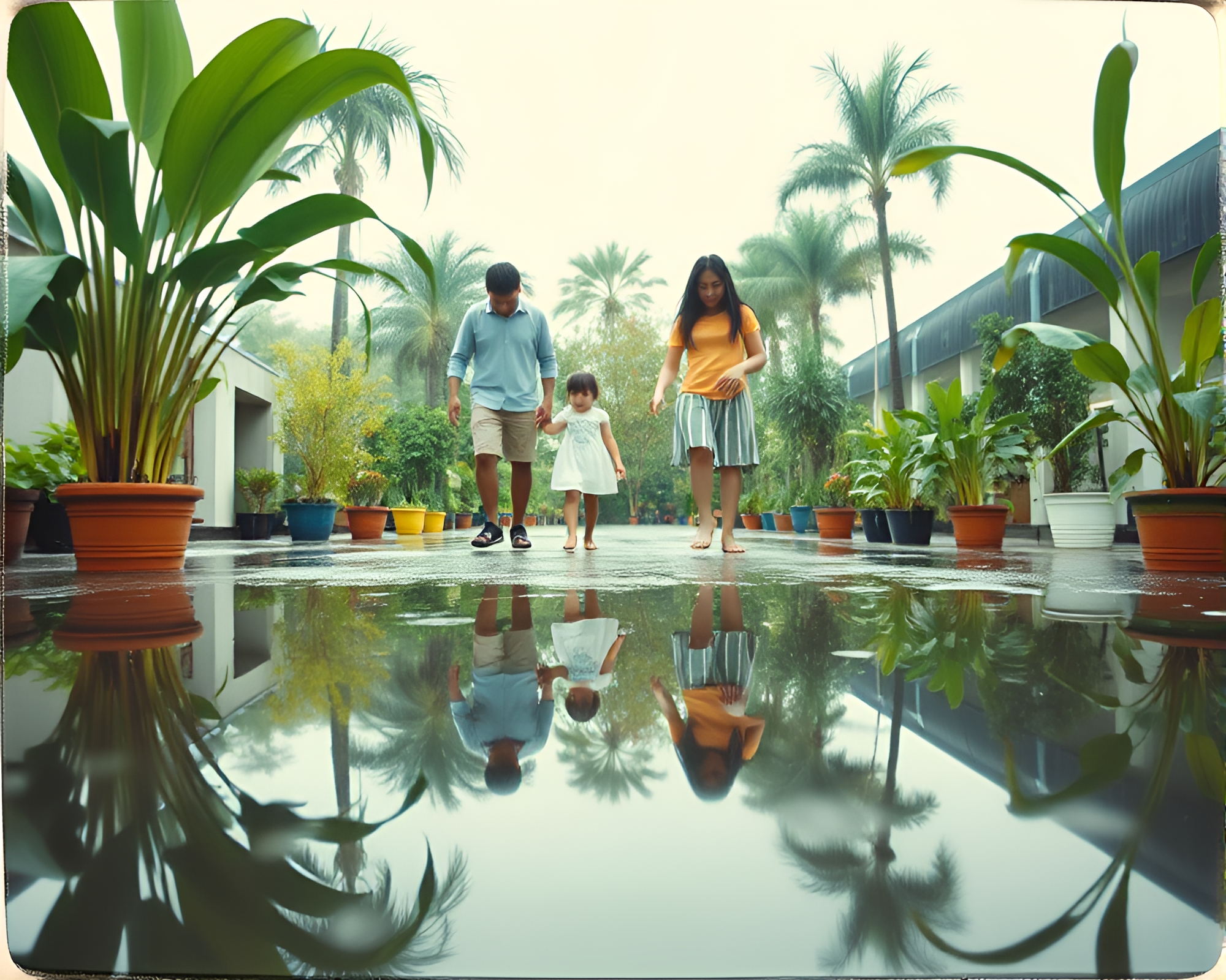 Nostalgic Family Plant Watering in Rainy Polaroid Reflection – free AI stock image