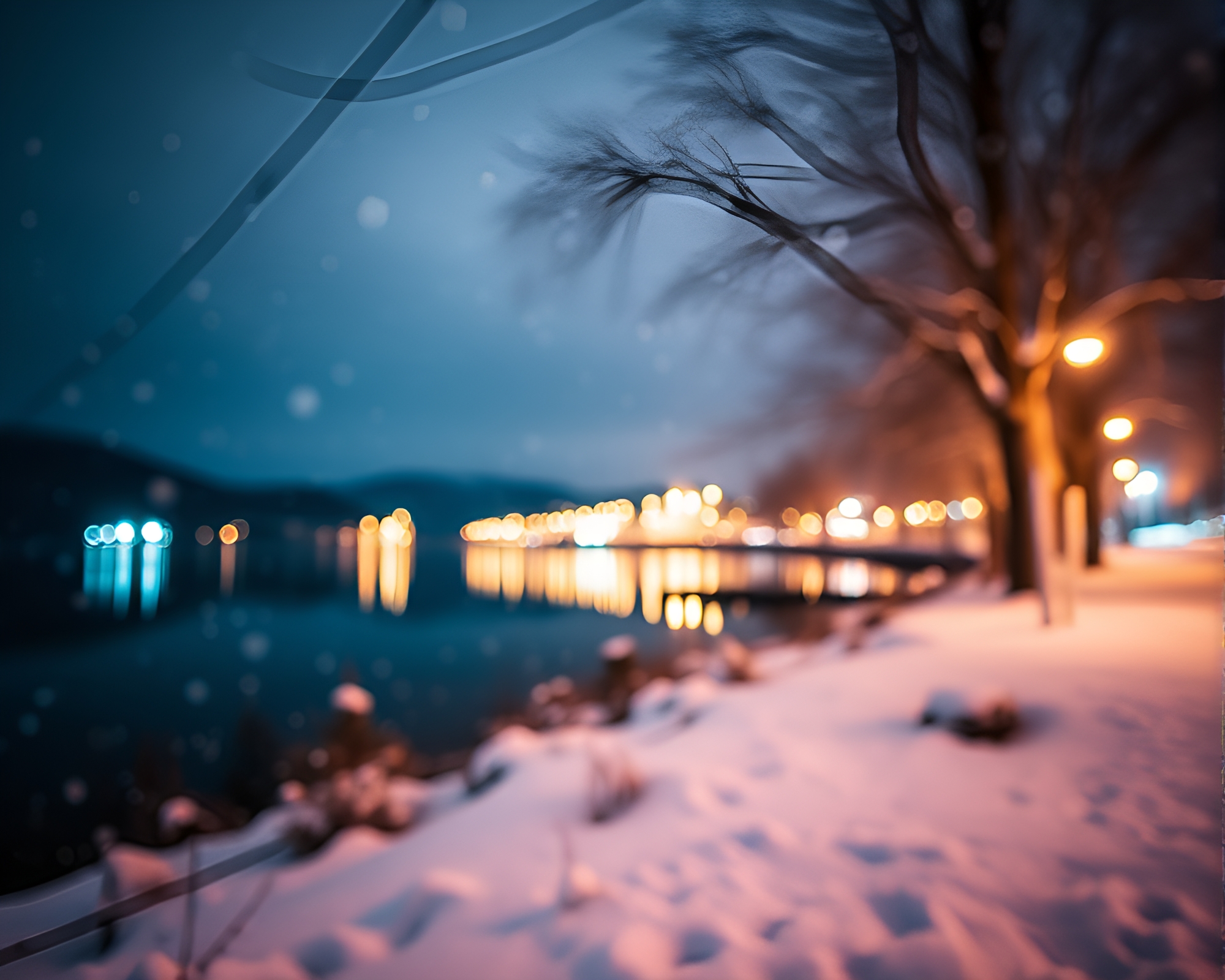 Snowy Lakeside Sunset in Bokeh Time-Lapse – free AI stock image