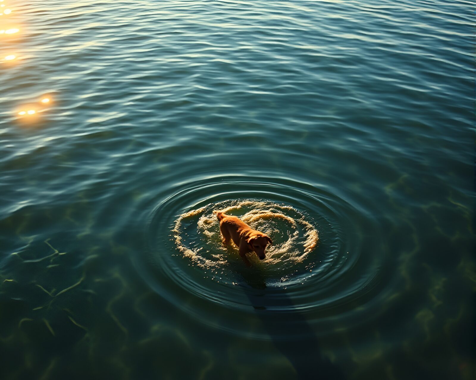 Swimmer walking a dog with rim lighting and repetitive patterns