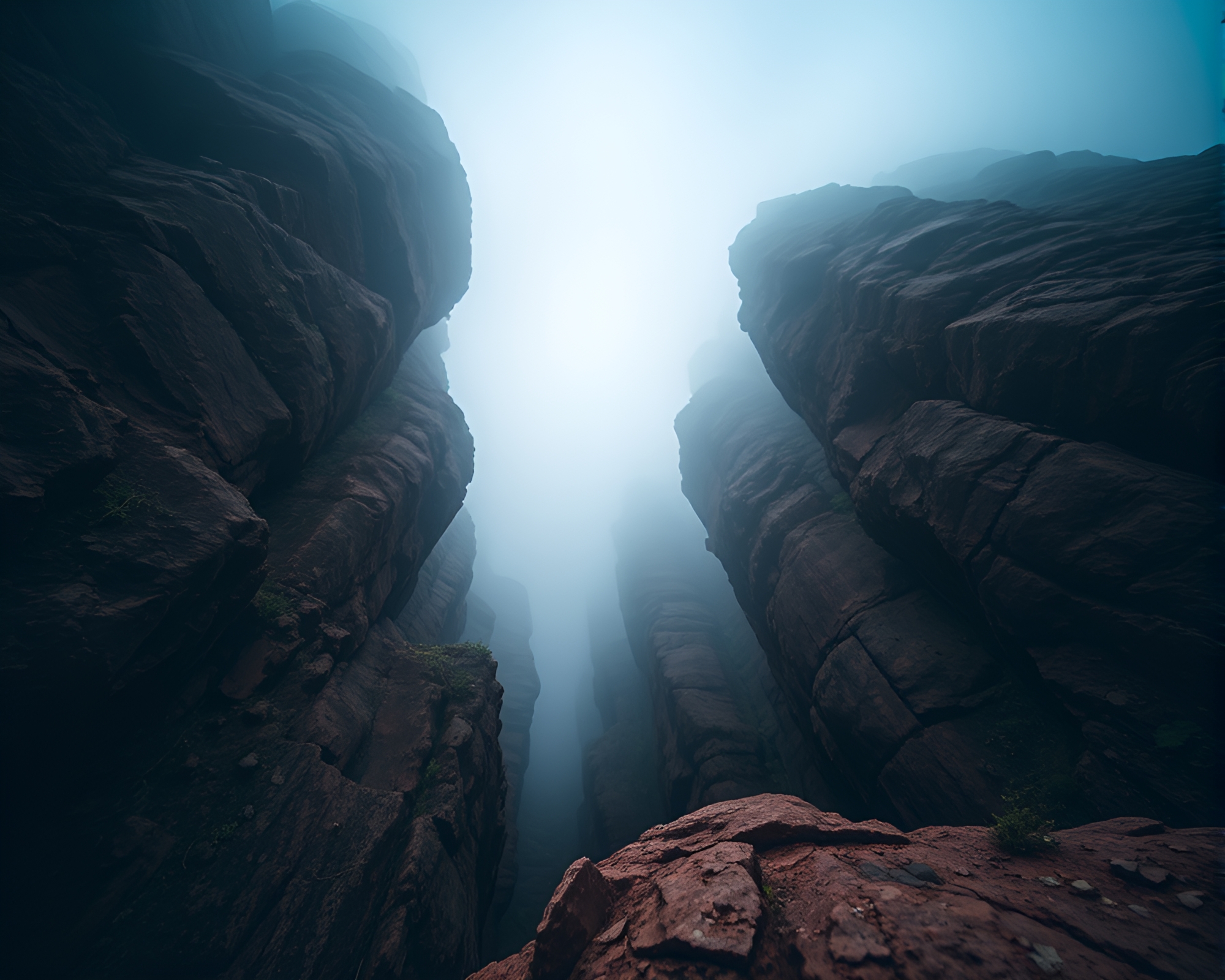 Ethereal Canyon Reflection: Moody Portrait in Foggy Vista – free AI stock image
