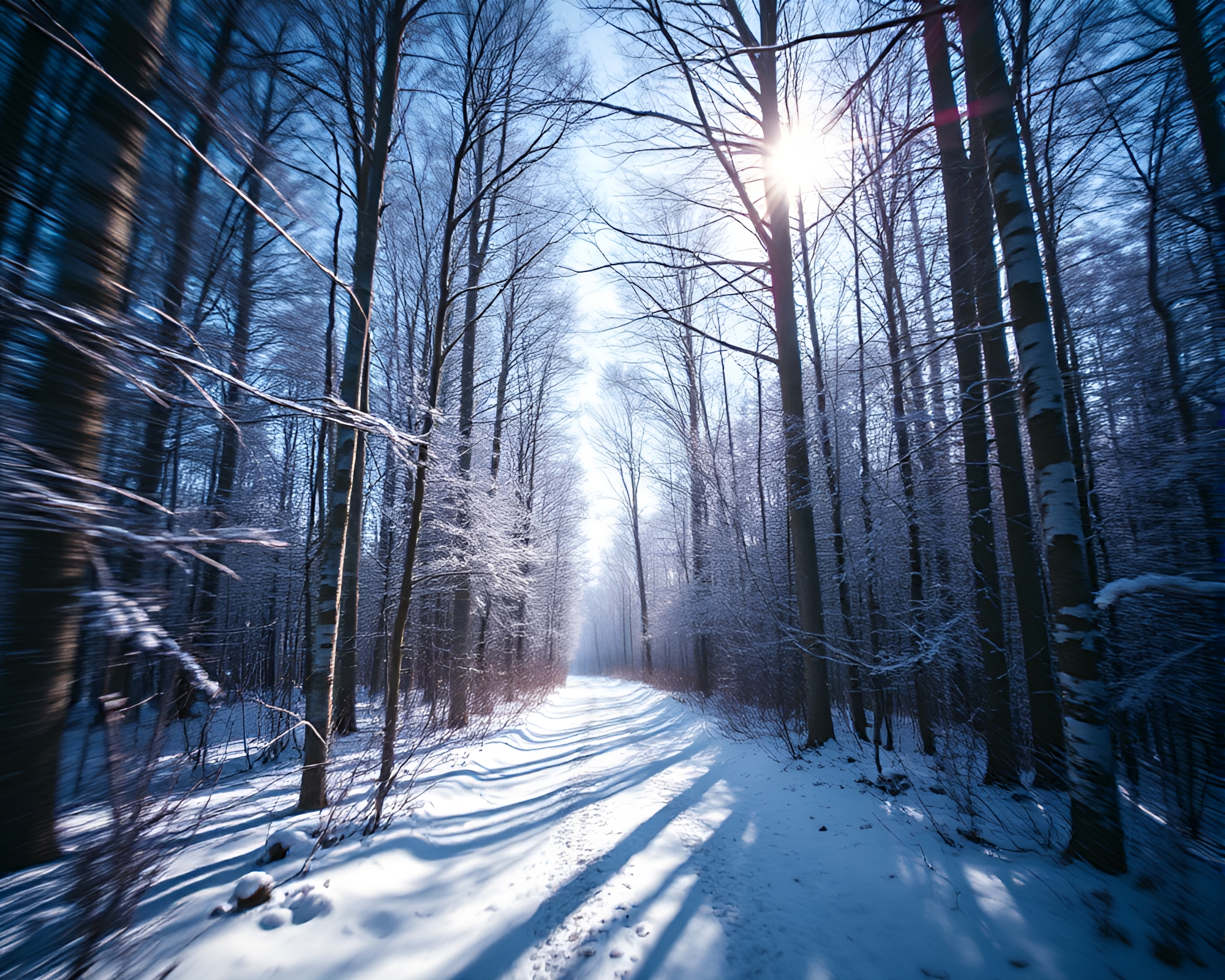 Snowy Forest Path Double Exposure: Macro Backlit Panorama – free AI stock image