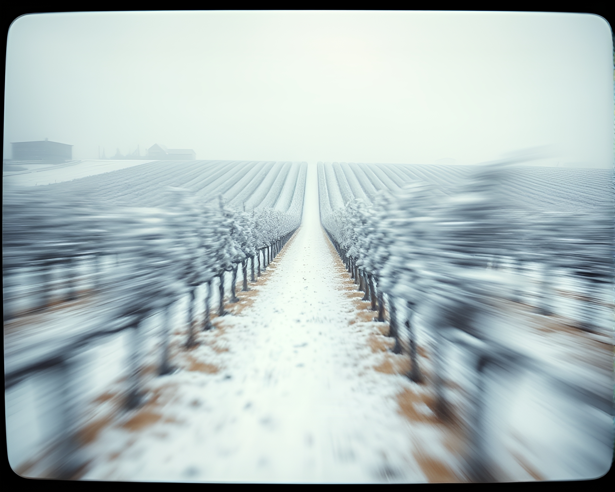 Snowy Vineyard Rows in Telephoto Motion Blur Panning – free AI stock image