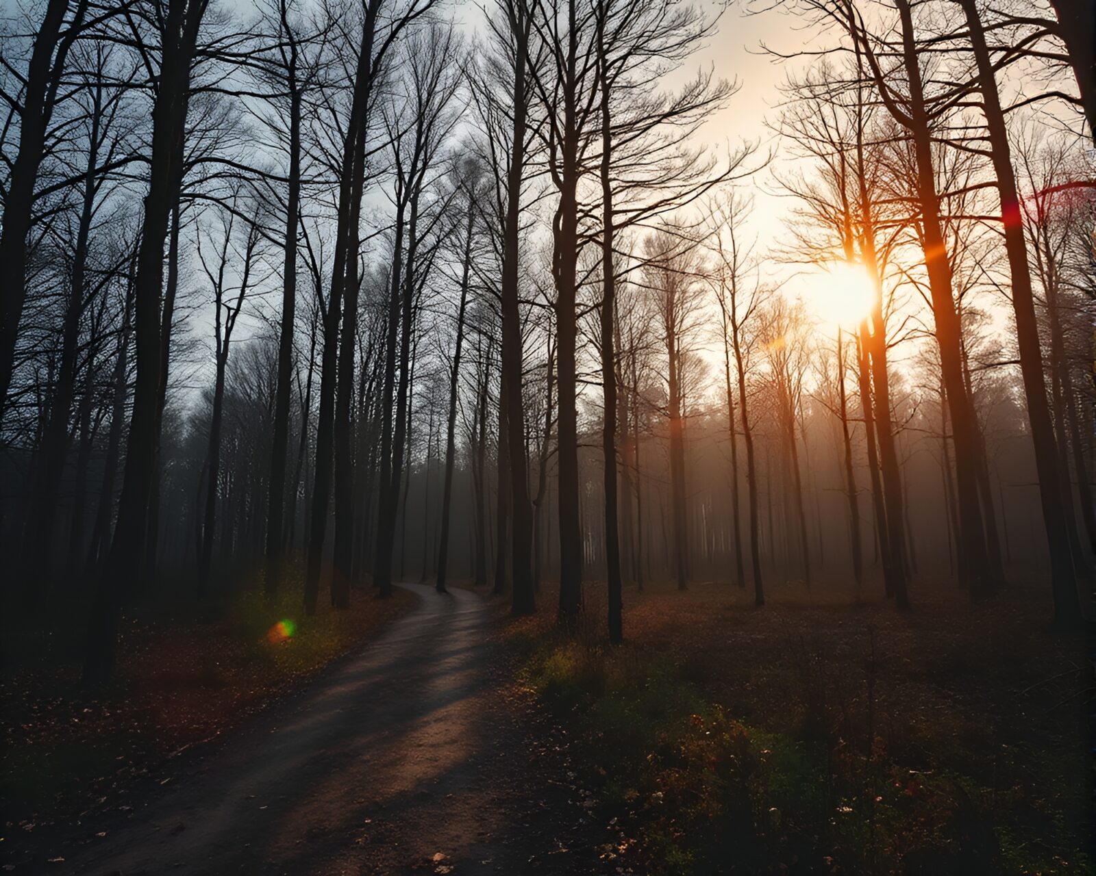 Surreal forest path in silhouette with dreamy lens flare