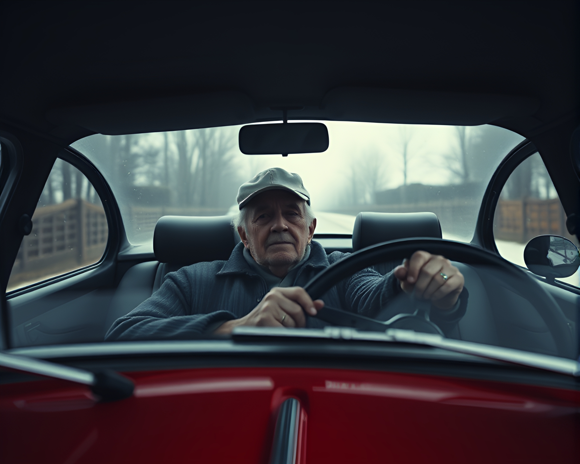 Elderly Driver in Vintage Car at Low-Angle Radial Symmetry – free AI stock image