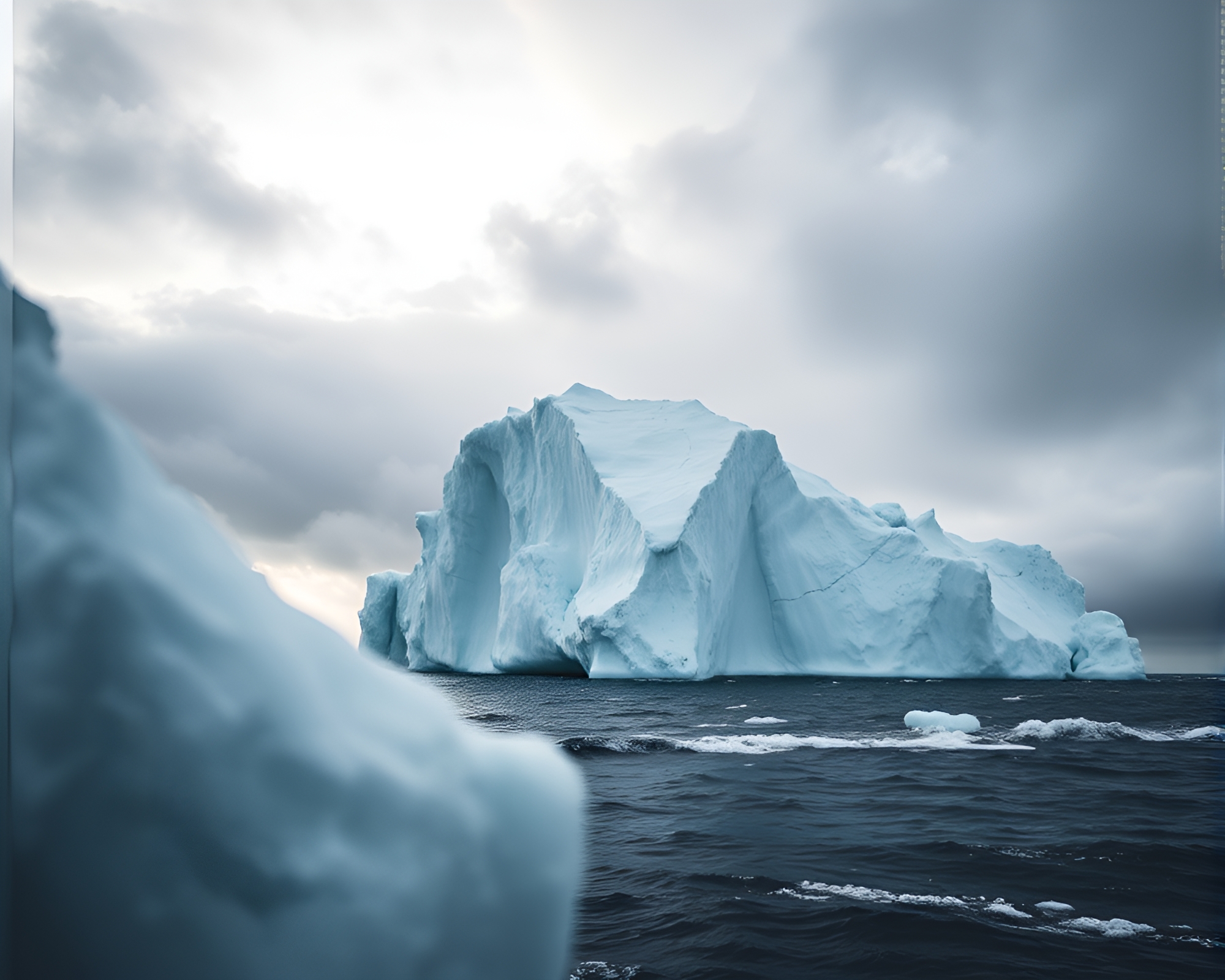 Stormy Iceberg Edge: Telephoto Travel Photography – free AI stock image