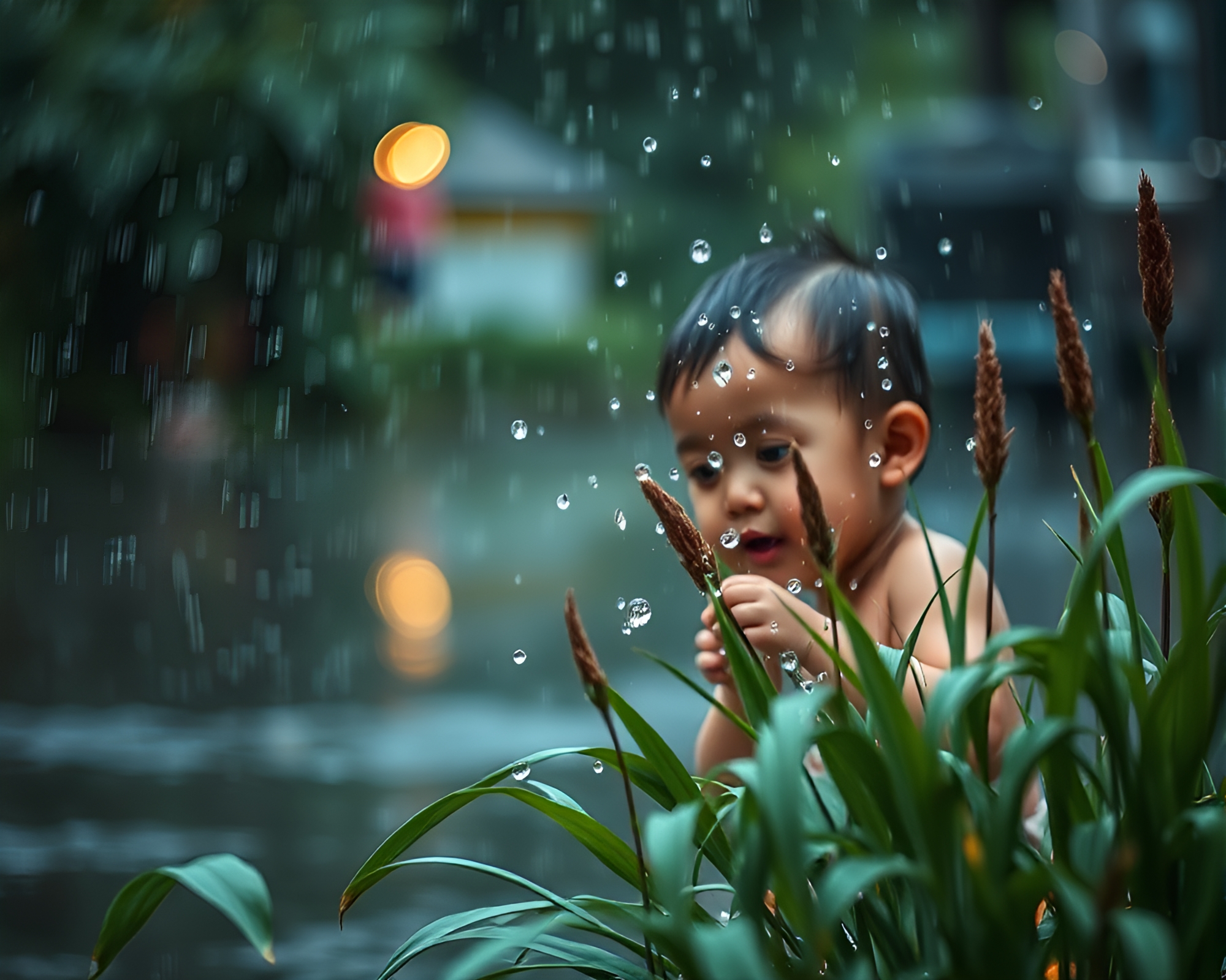 Child Watering Plants in Nostalgic Rainy Garden Scene – free AI stock image