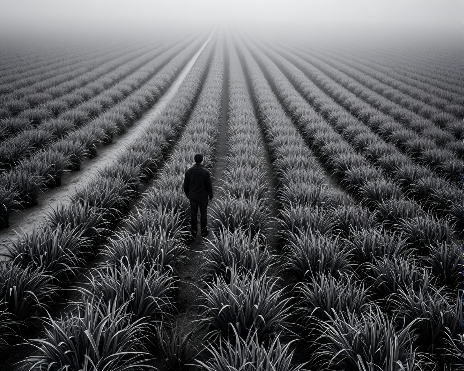 Melancholic pair tending to plants in foggy monochrome setting