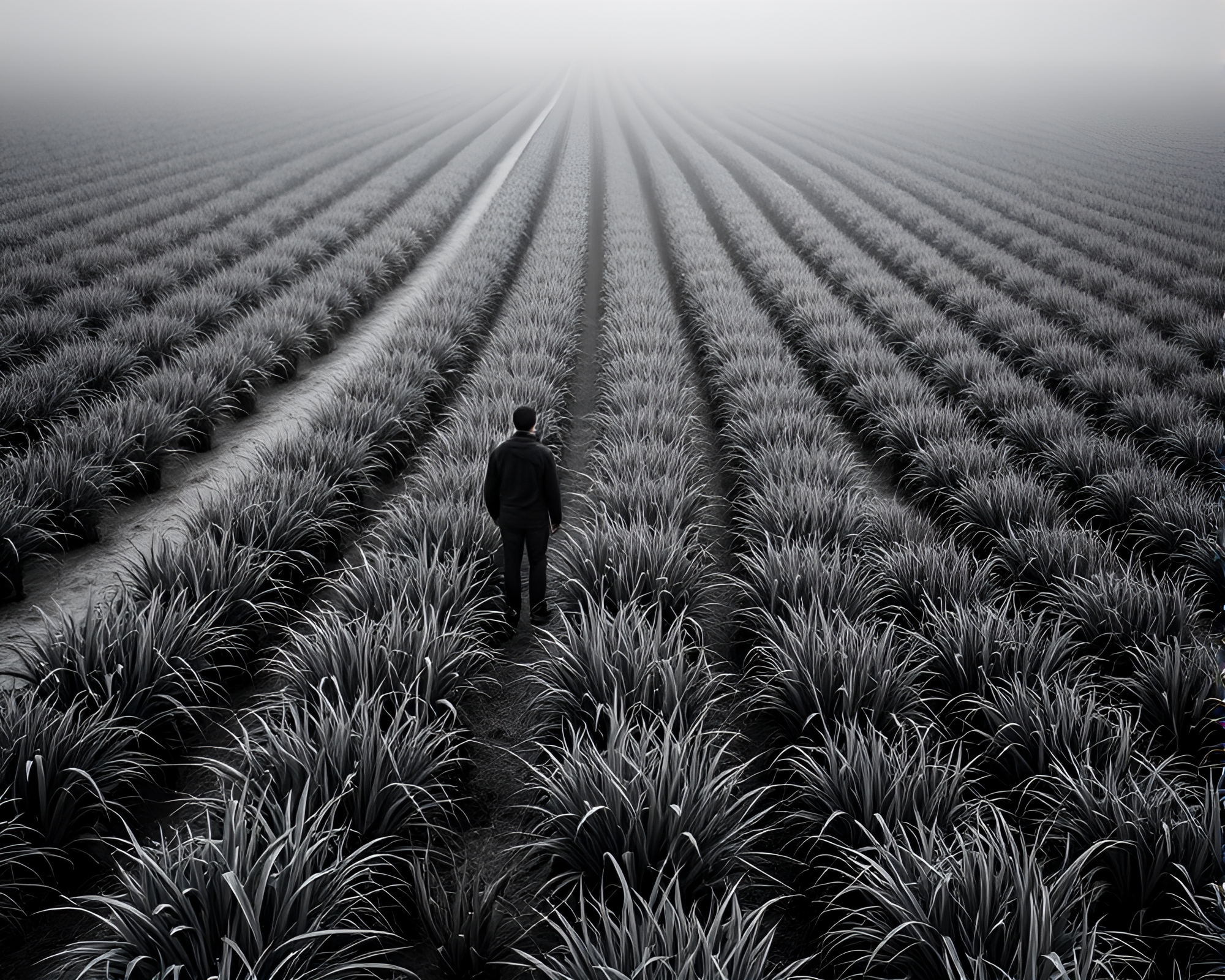 Misty Monochrome Couple Watering Plants – free AI stock image