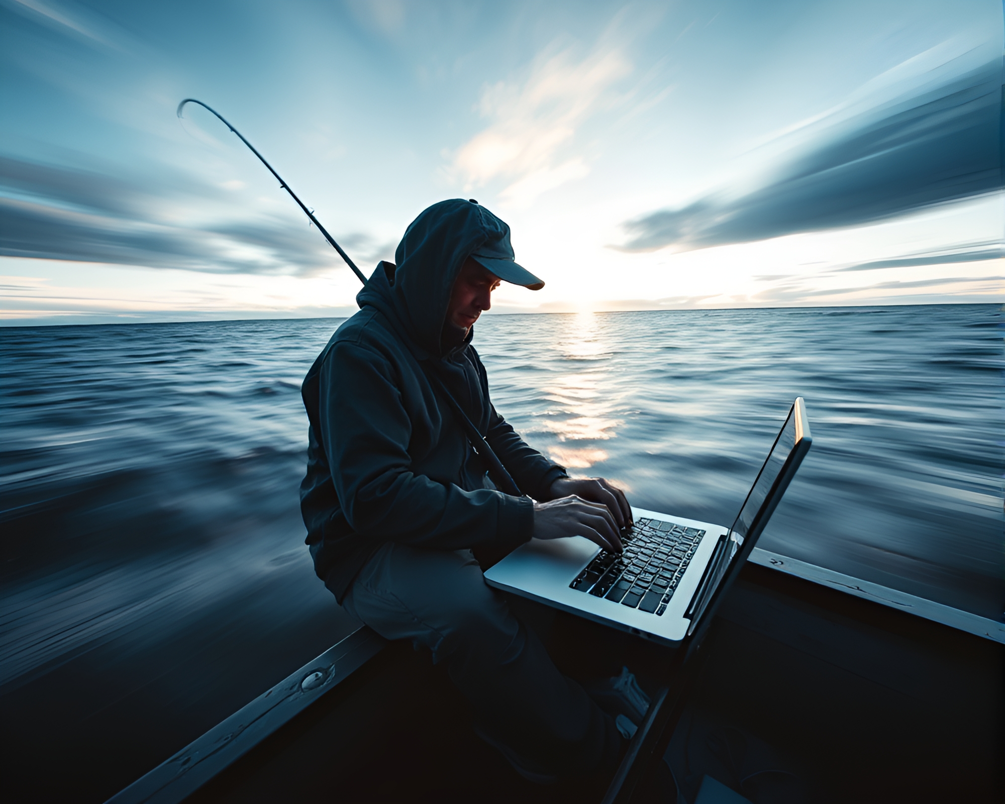 Minimalist Fisherman Typing on Laptop Aerial Panorama – free AI stock image