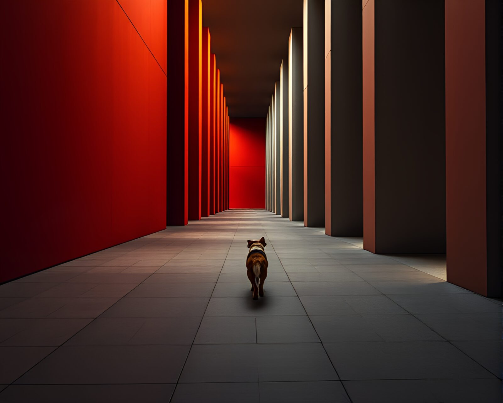 Moody architectural photography of a photographer with a dog