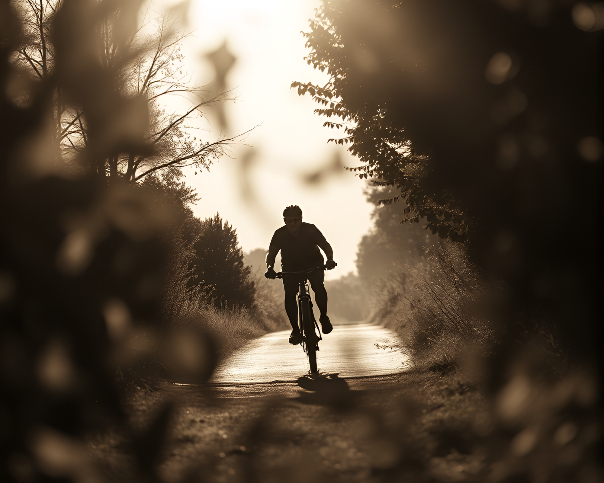 Sunlit Cyclist in Muted Monochrome: Framed Nature Ride – free AI stock image