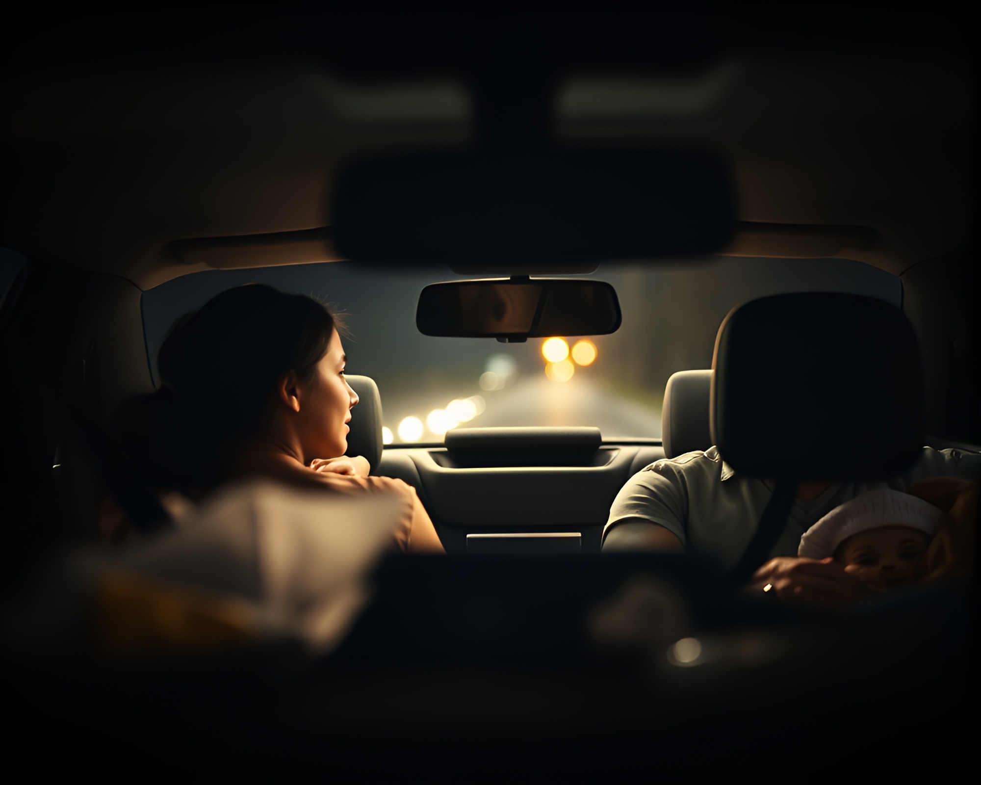 Enigmatic Family Drive Through Twilight with Illuminated Snacks – free AI stock image