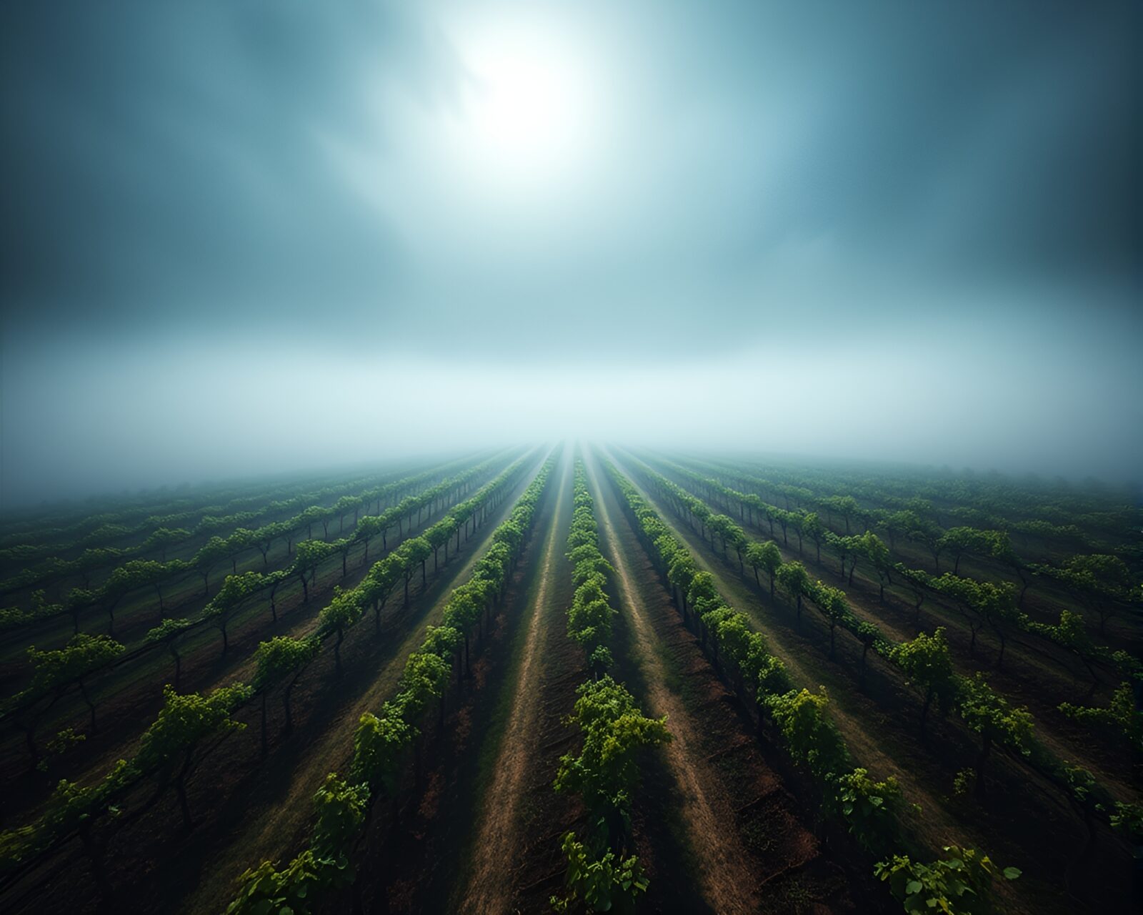 Dramatic time-lapse of foggy vineyard with repetitive patterns