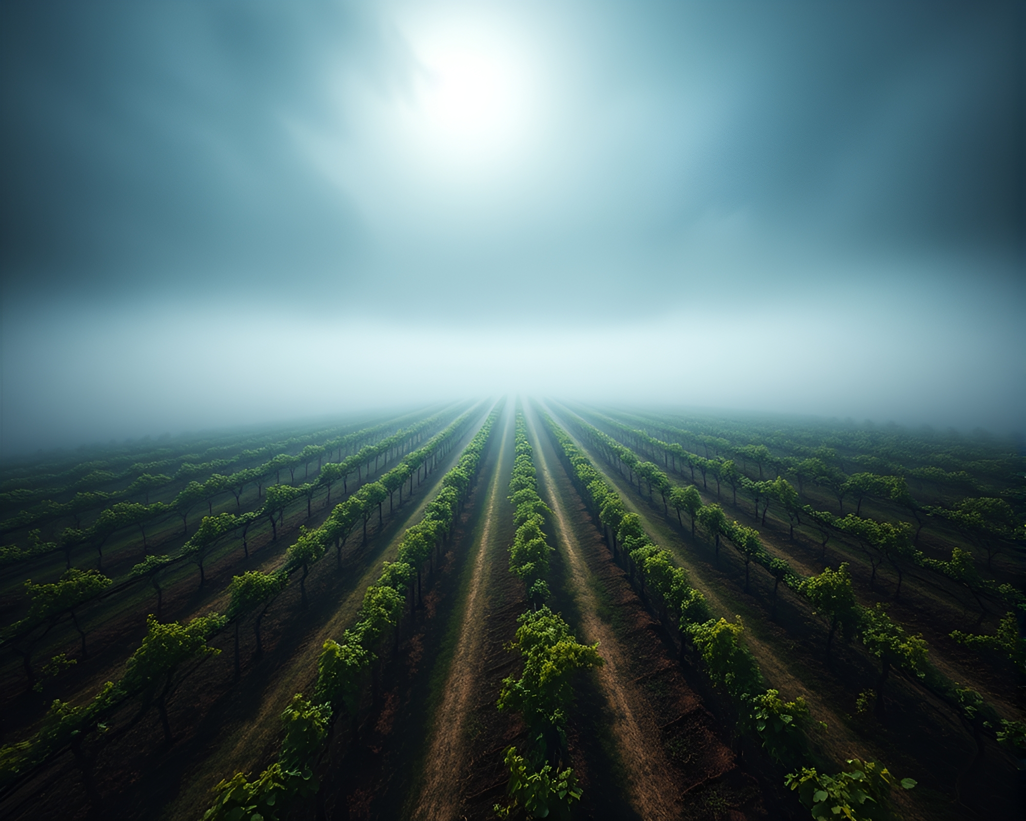 Mysterious Fog Blanketing Enigmatic Vineyard Rows – free AI stock image