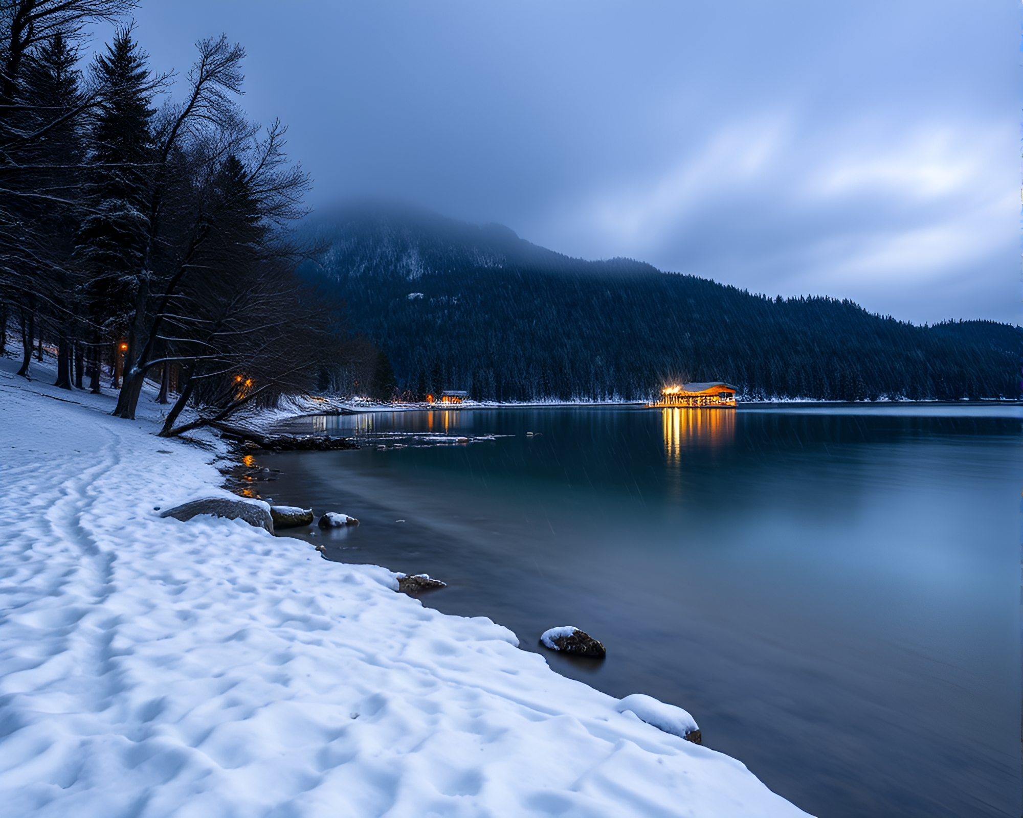 Snowy Lakeside Haven: Rainy Serenity Portrait – free AI stock image