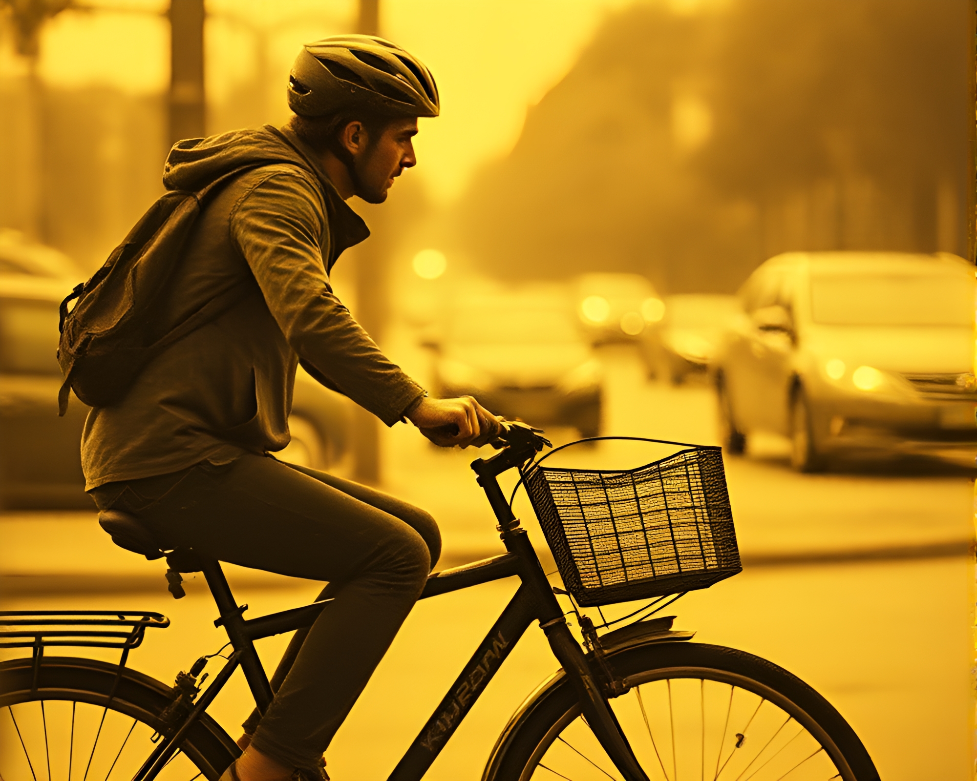 Photographer in Sepia Tone, Riding Bike Dramatically – free AI stock image