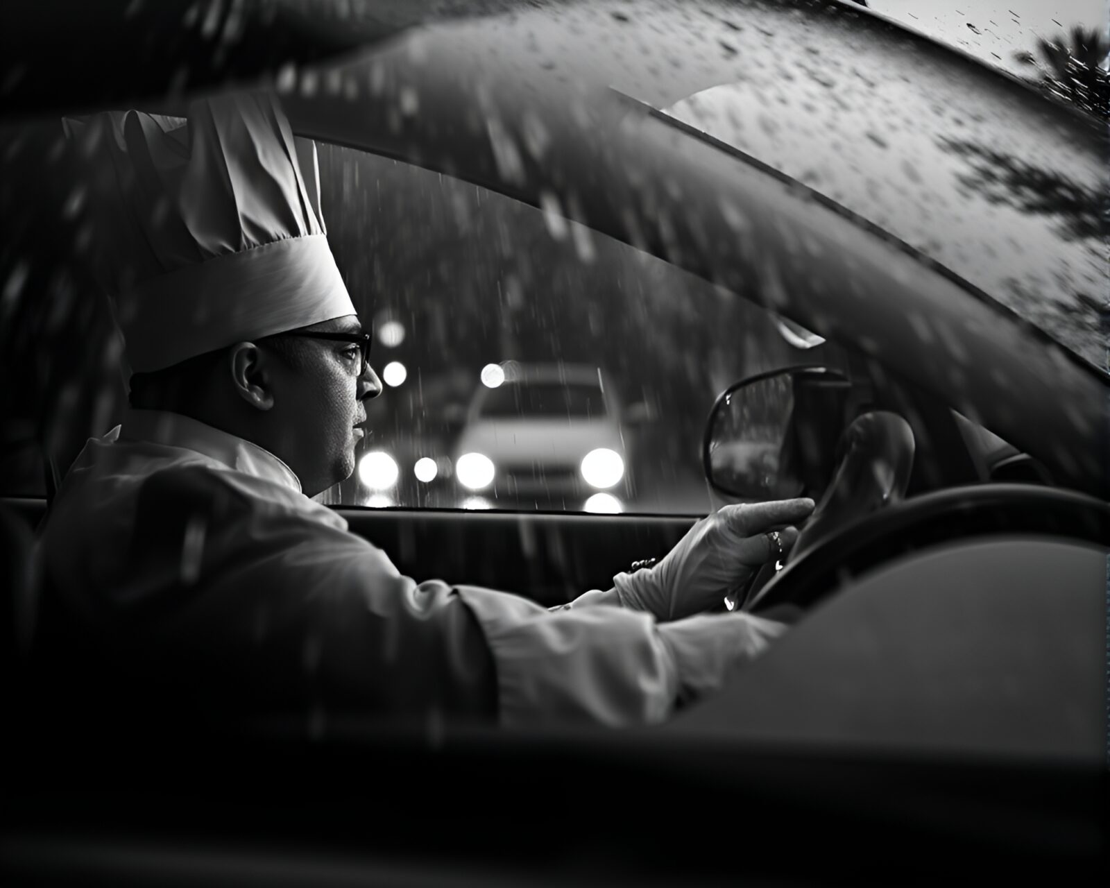 Black and white image of a chef driving under rainy skies with reflective surface