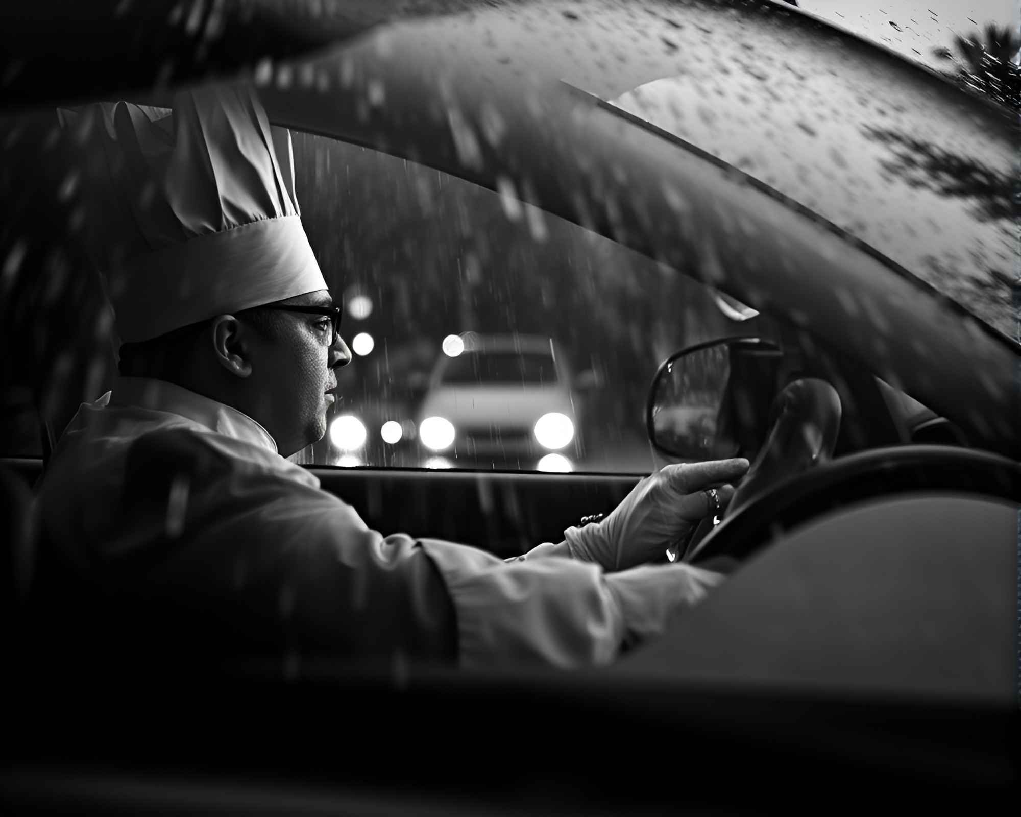 Rainy Drive: Chef Contemplates in Monochrome Reflection – free AI stock image