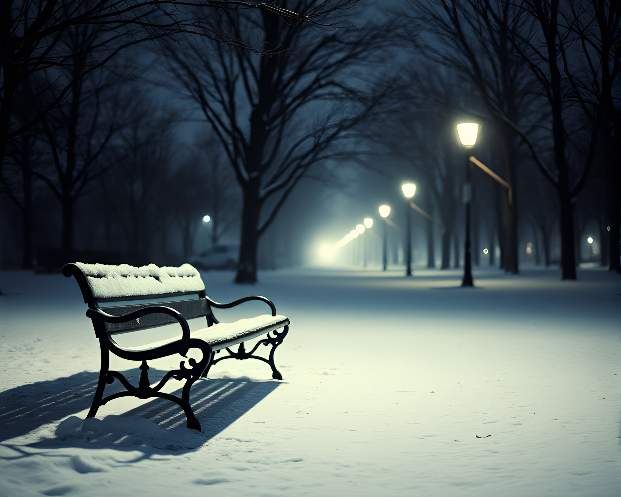 Snowy Park Bench Illuminated by Enigmatic Rim Lighting – free AI stock image