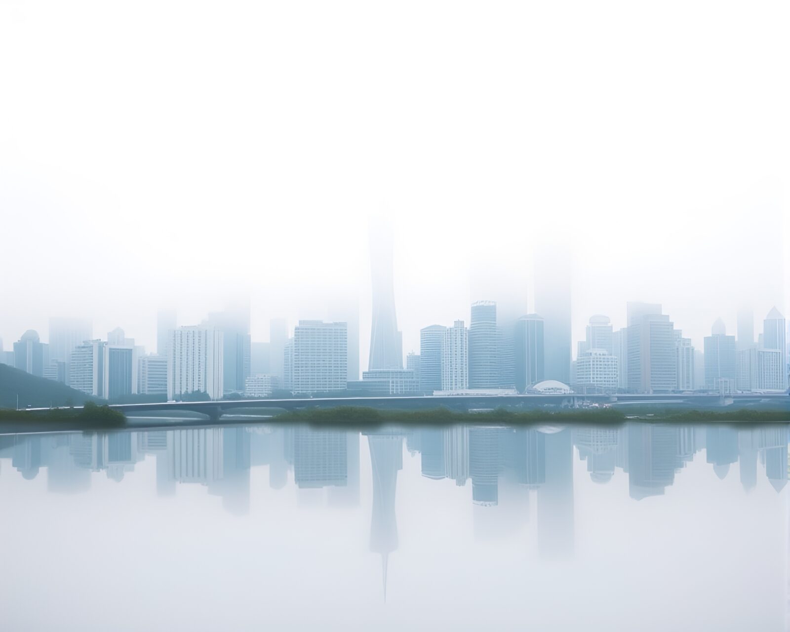 A vibrant foggy cityscape with buildings reflecting in water