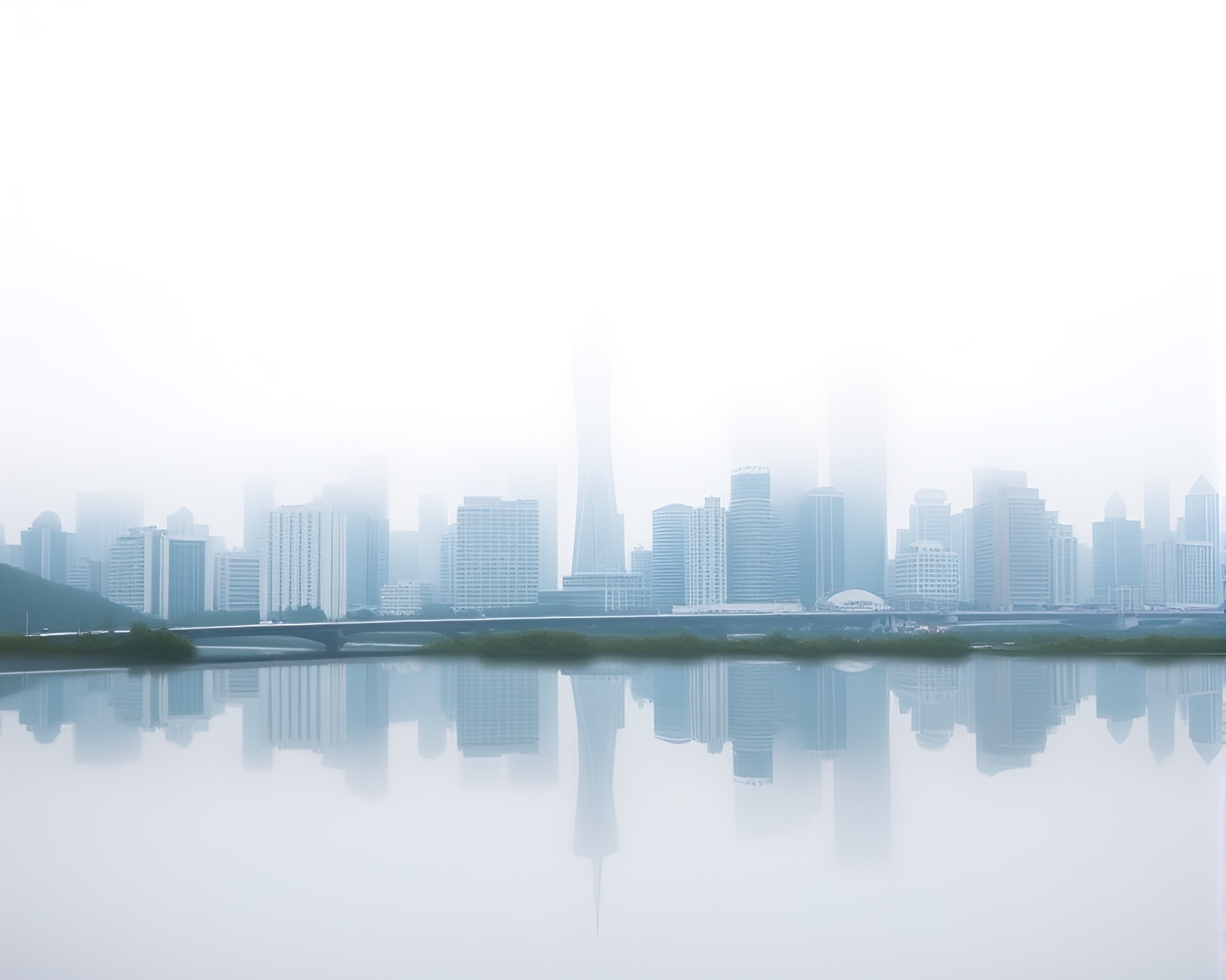 Misty Urban Skyline: Reflections and Asymmetry – free AI stock image