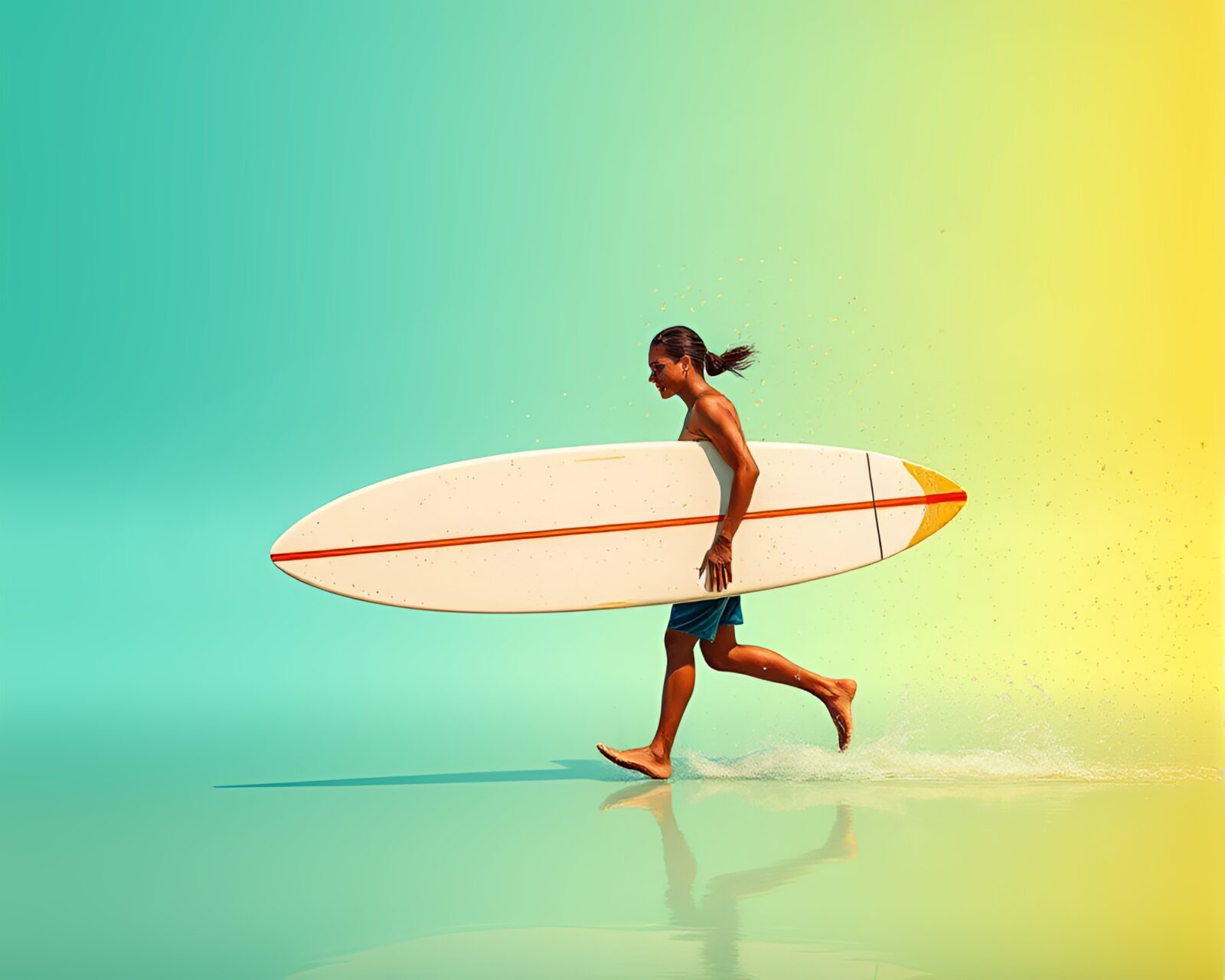 Colorful scene of surfer with a dog in bright colors