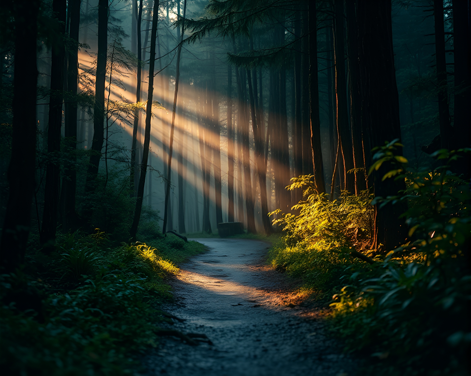 Enchanting Rainy Forest Path Aerial View – free AI stock image