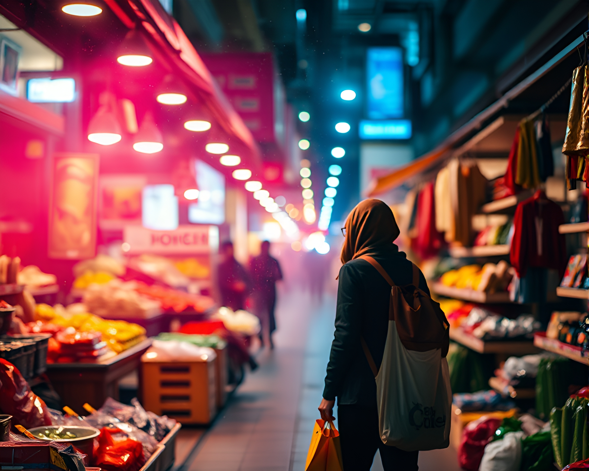 Vibrant Grocery Shopping Under City Lights – free AI stock image