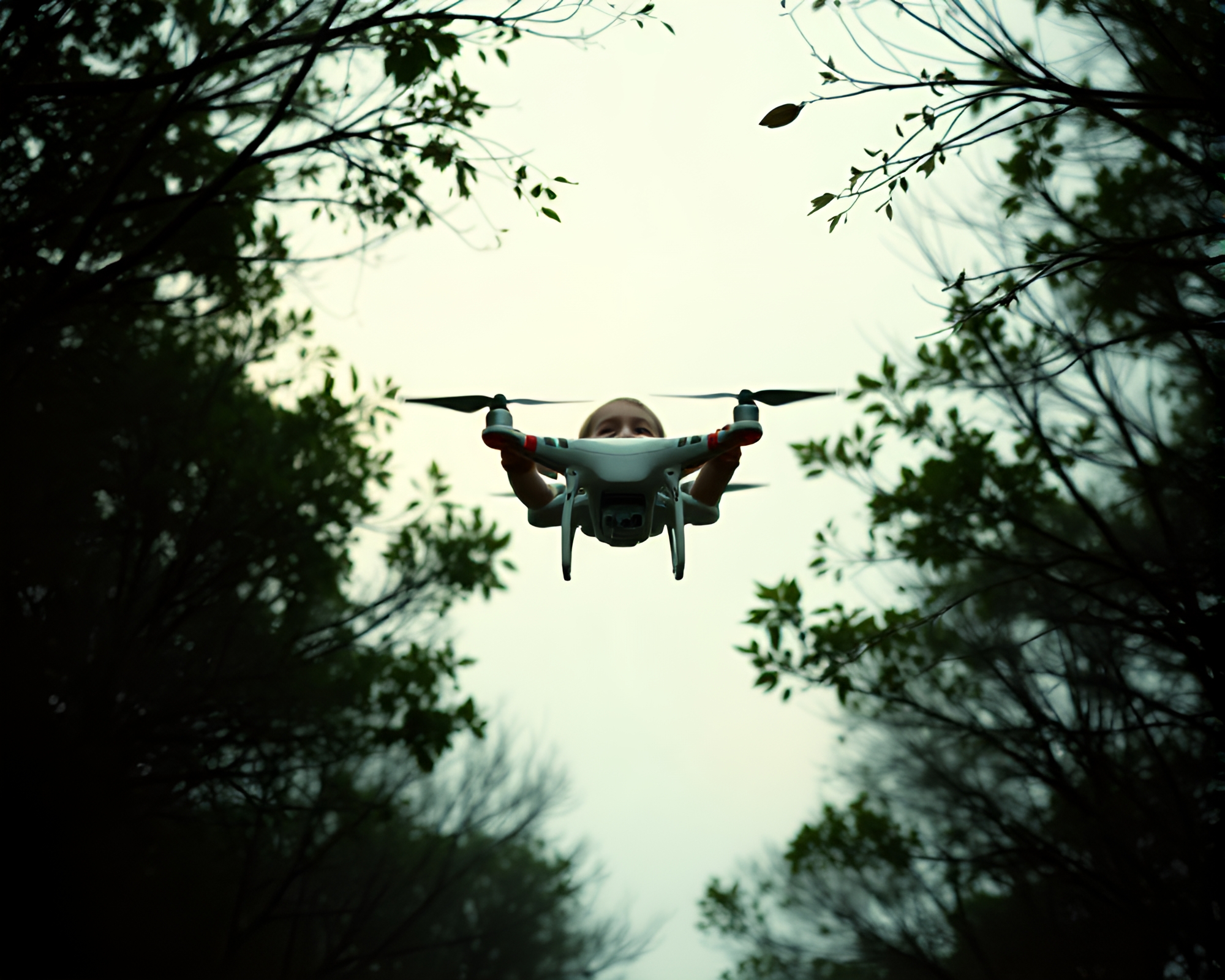 Symmetrical Chaos: Child and Drone Dance in Melancholy Light – free AI stock image