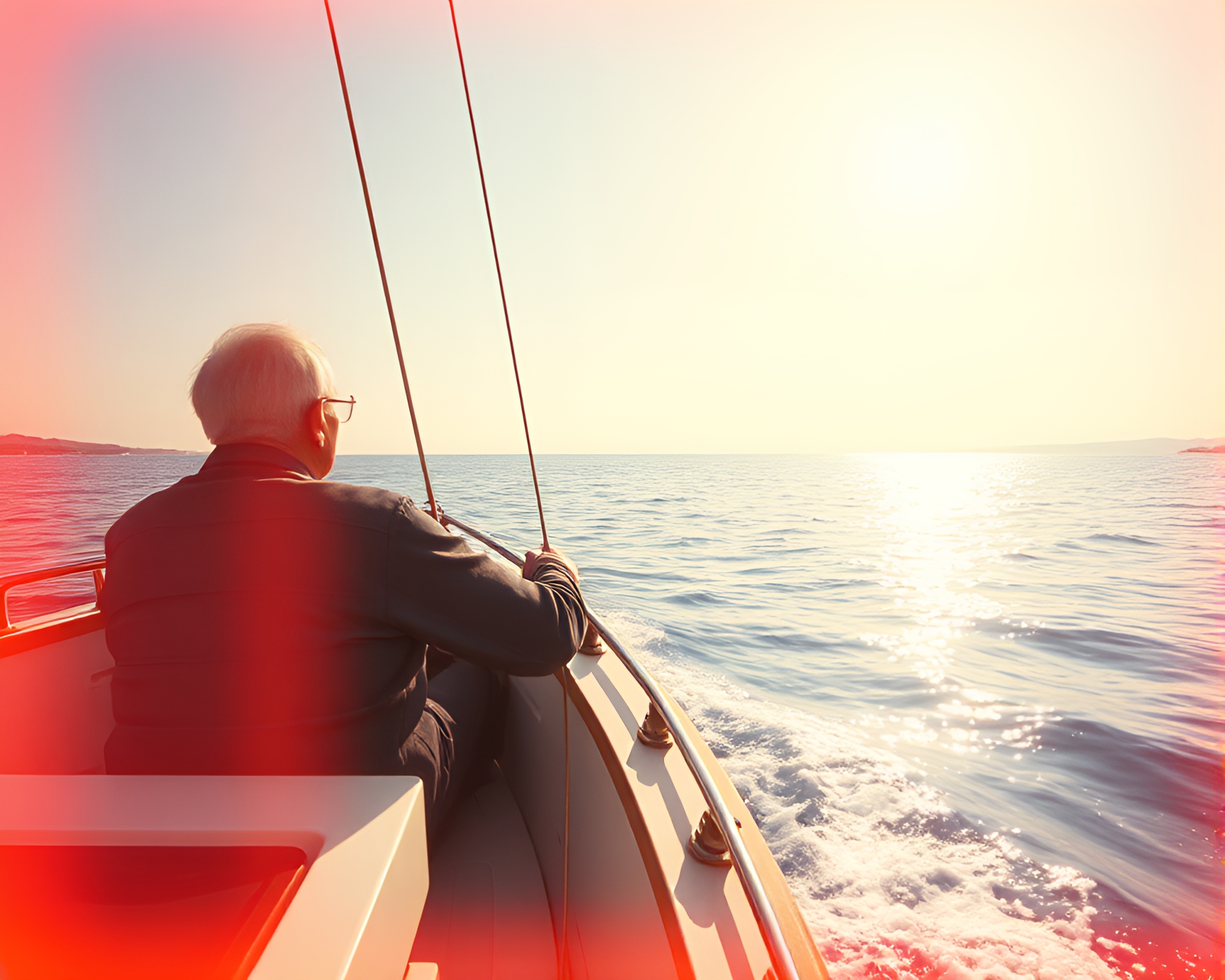 Elderly Sailor on Futuristic Boat Panorama – free AI stock image